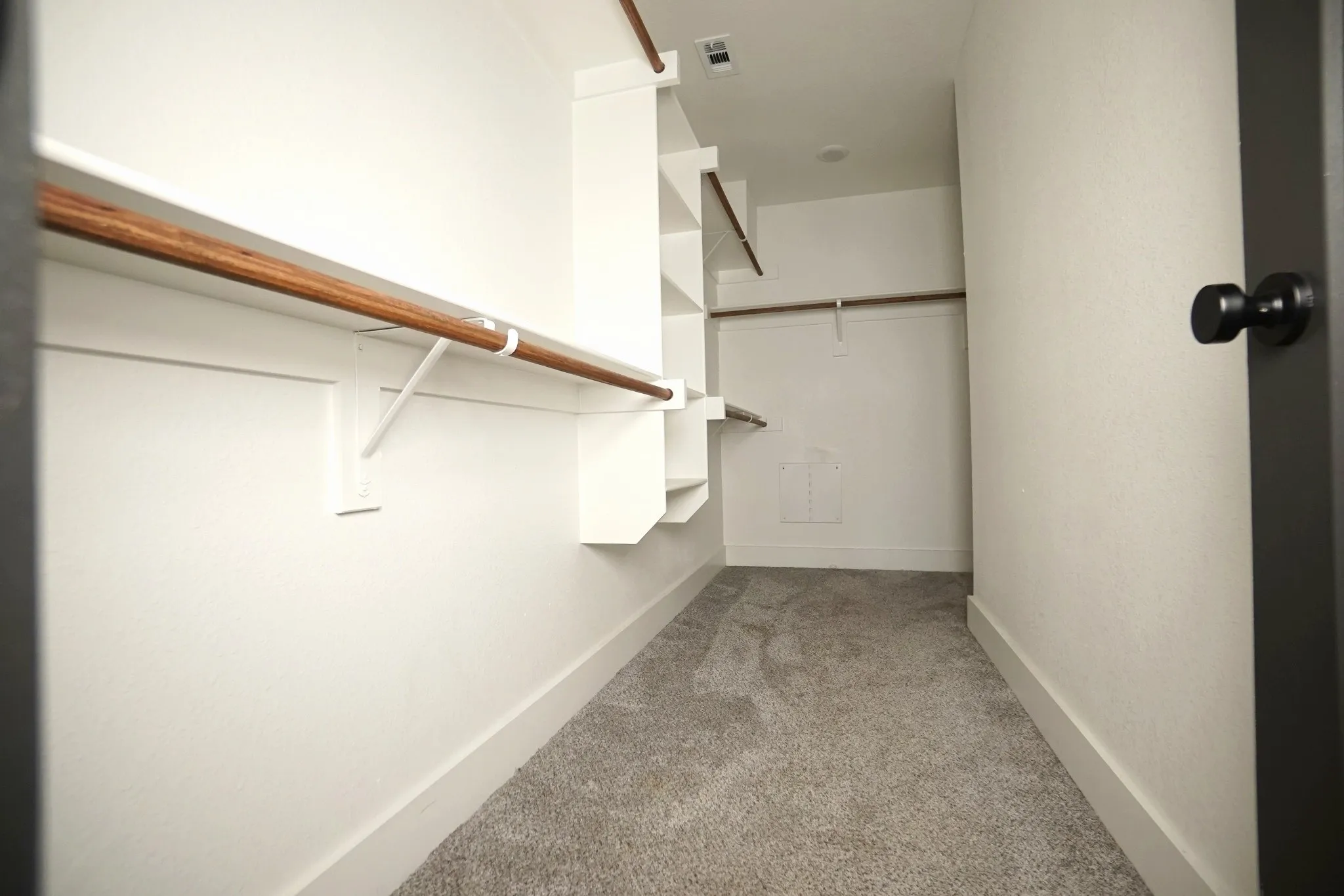 Walk-in closet with built-in shelving, wood-finish hanging rods, and gray carpeting