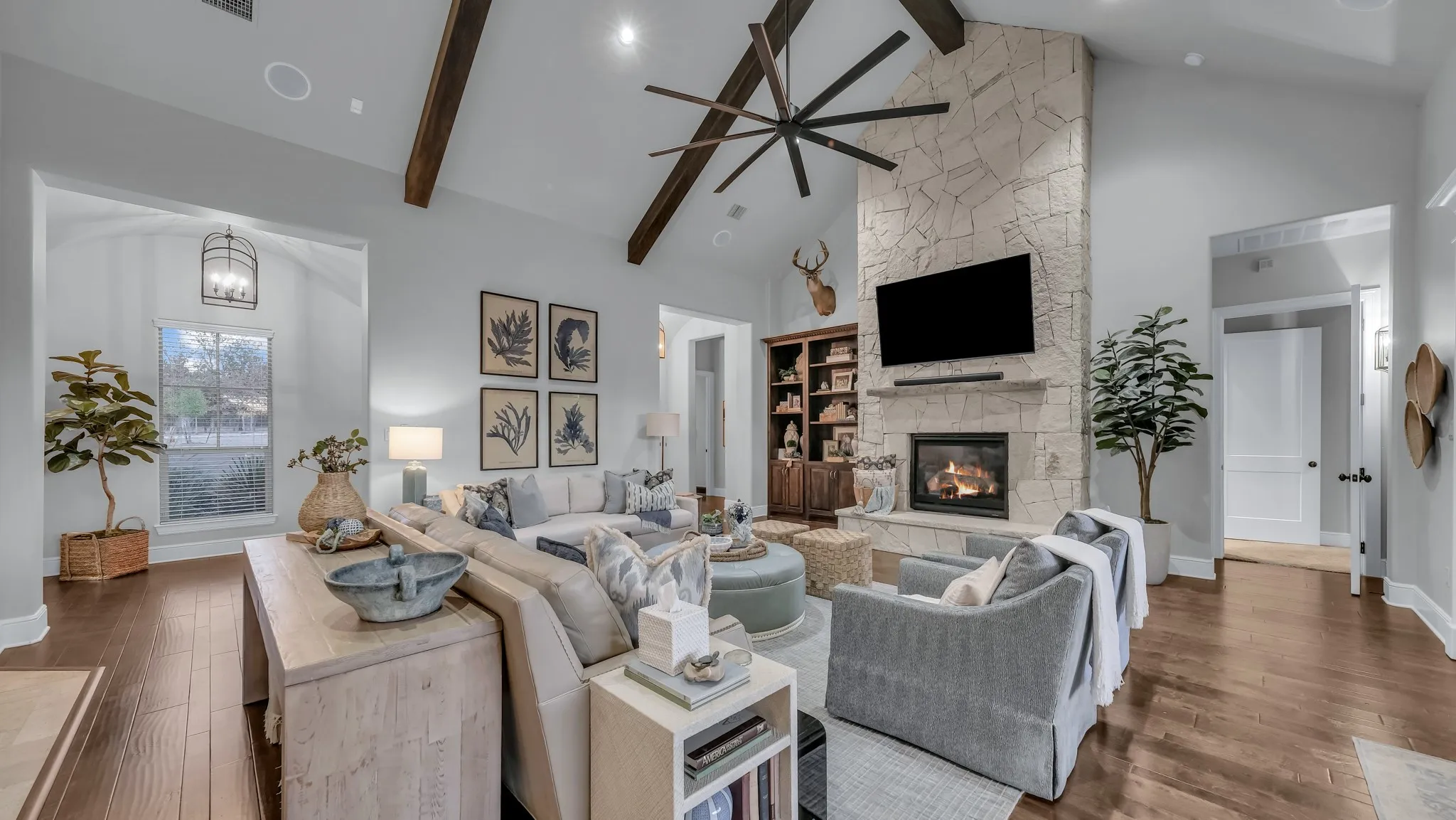 Vaulted ceiling with exposed wood beams