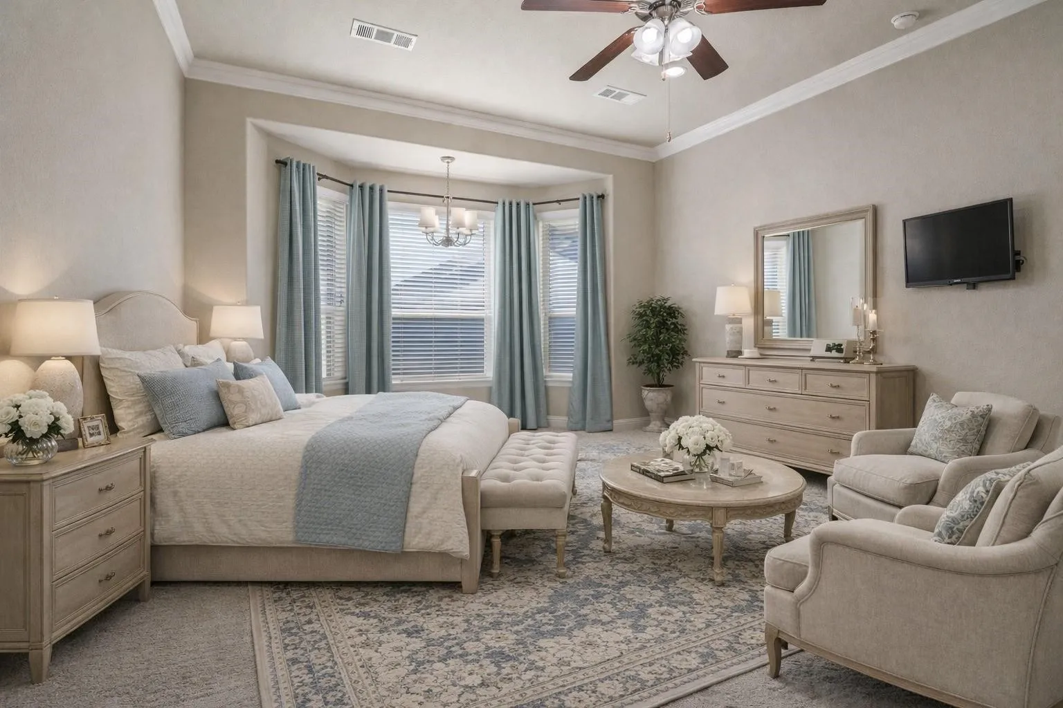 Virtual image. Spacious room featuring a decorative ceiling fan, crown molding, and a bay window with a chandelier