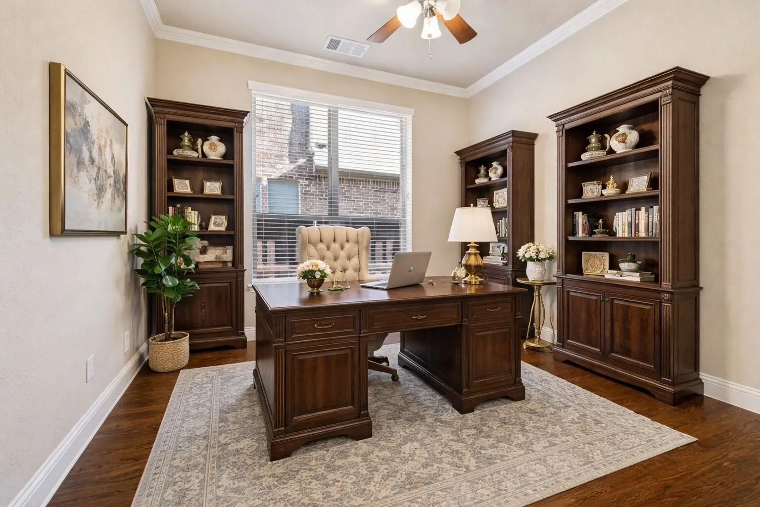 Virtual image. Dedicated room featuring wood-finish flooring, crown molding, a large window with blinds, and a ceiling fan with integrated lighting