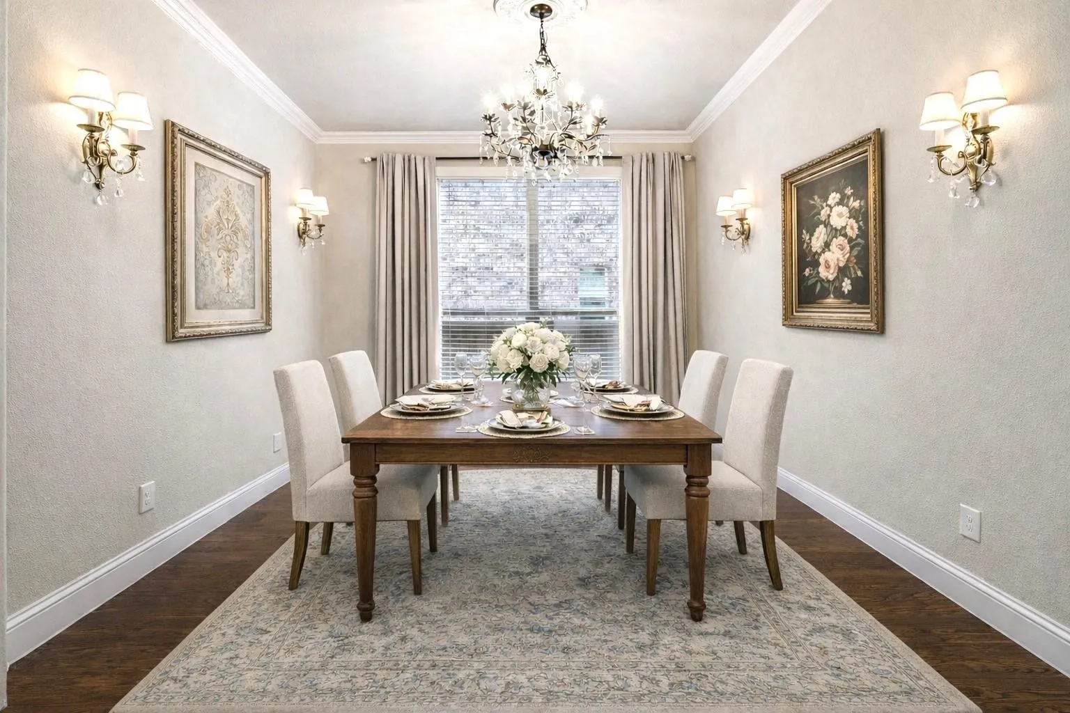 Virtual image. Formal dining space featuring wood-finish flooring, an ornate chandelier, decorative wall sconces, and crown molding