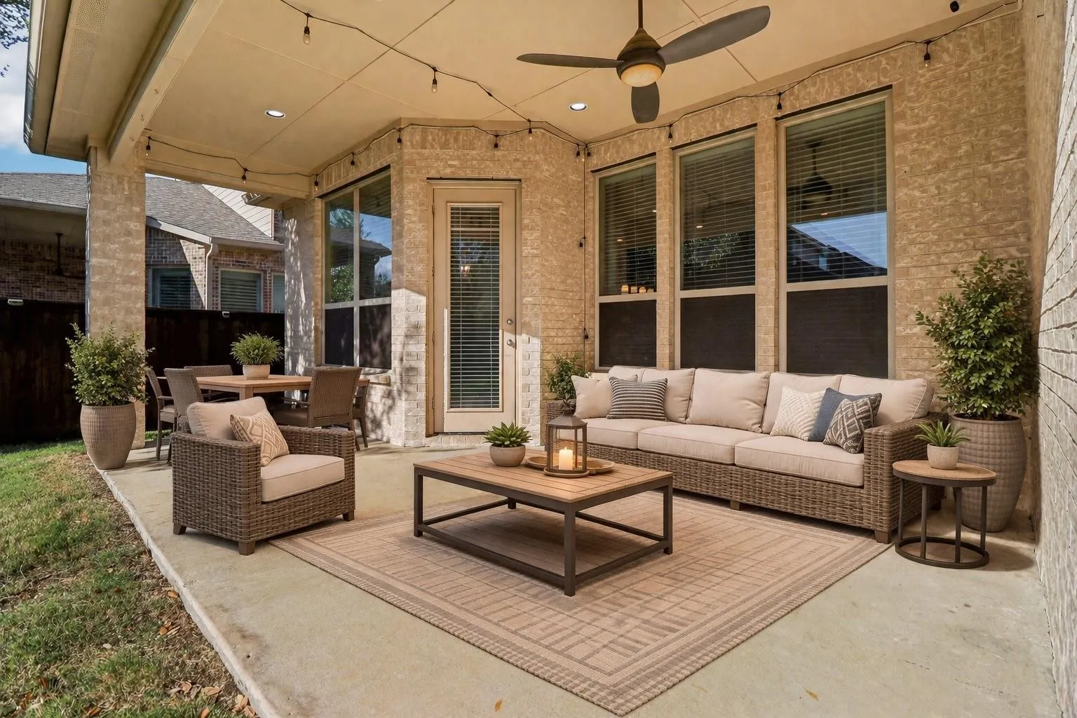 Virtual image. Expansive covered patio featuring a ceiling fan, recessed lighting, string lights, and a concrete surface