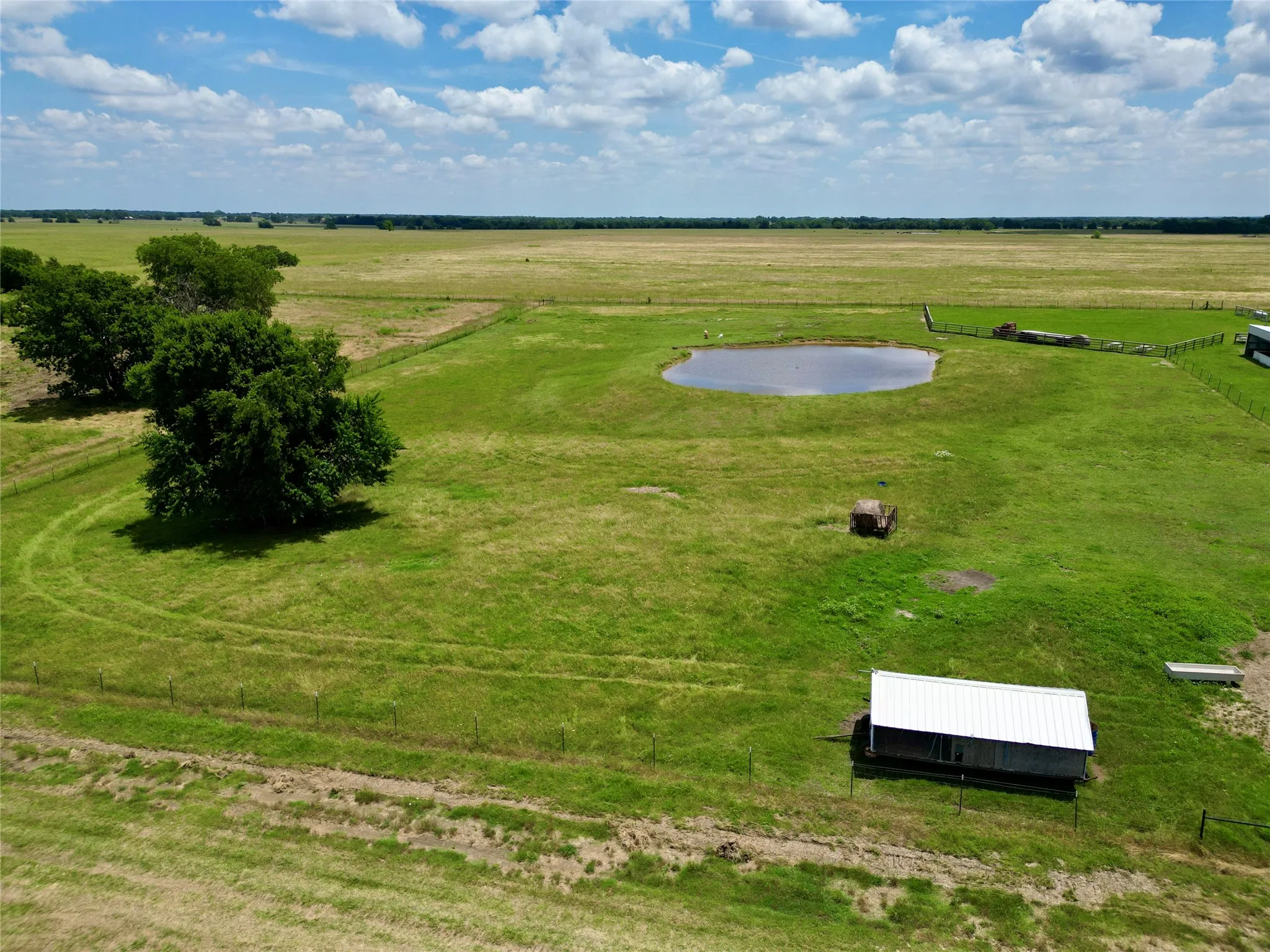 Expansive green acreage featuring a natural pond, scattered mature trees, and a functional outbuilding with a metal roof