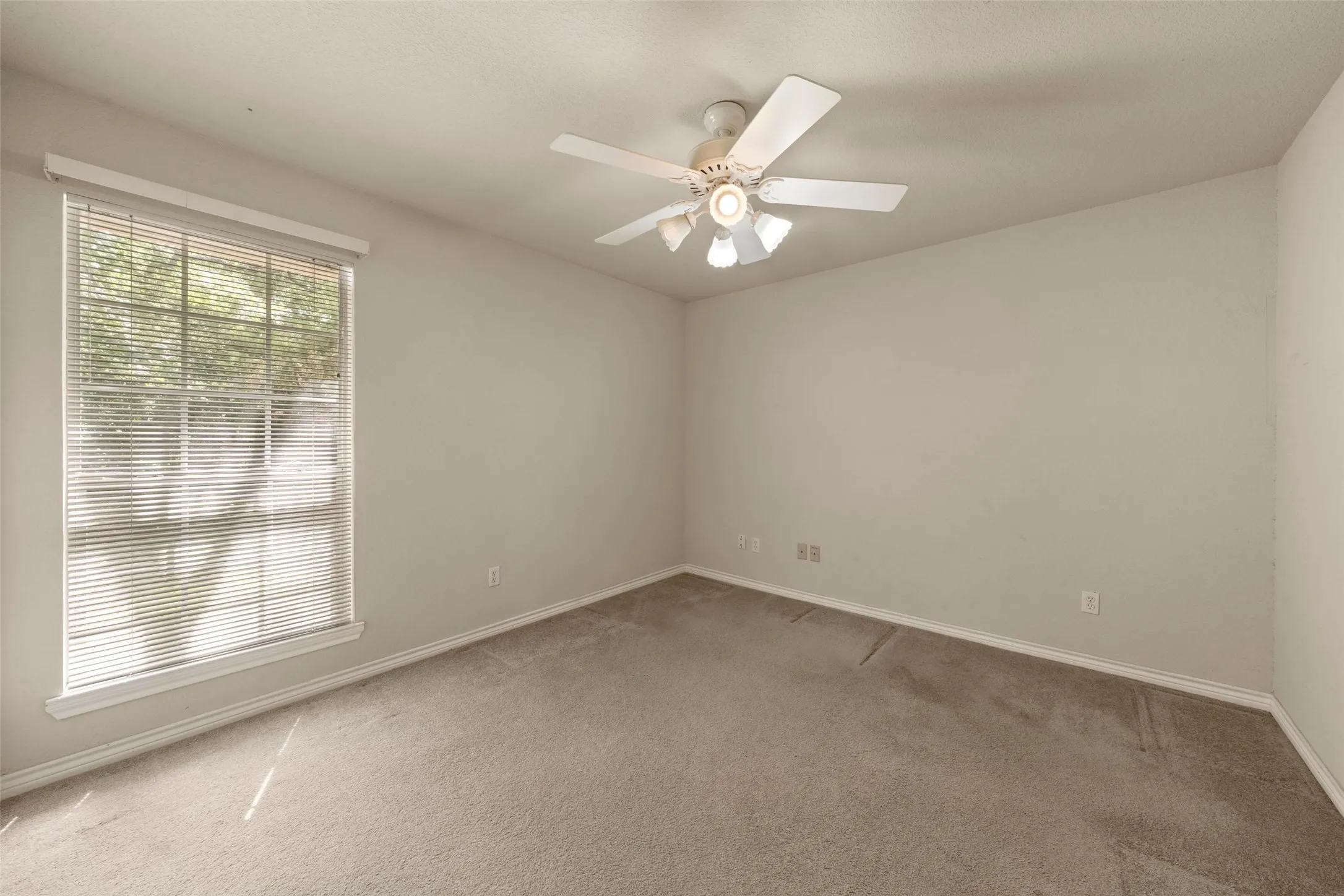 Neutral wall tones complement the neutral carpeting