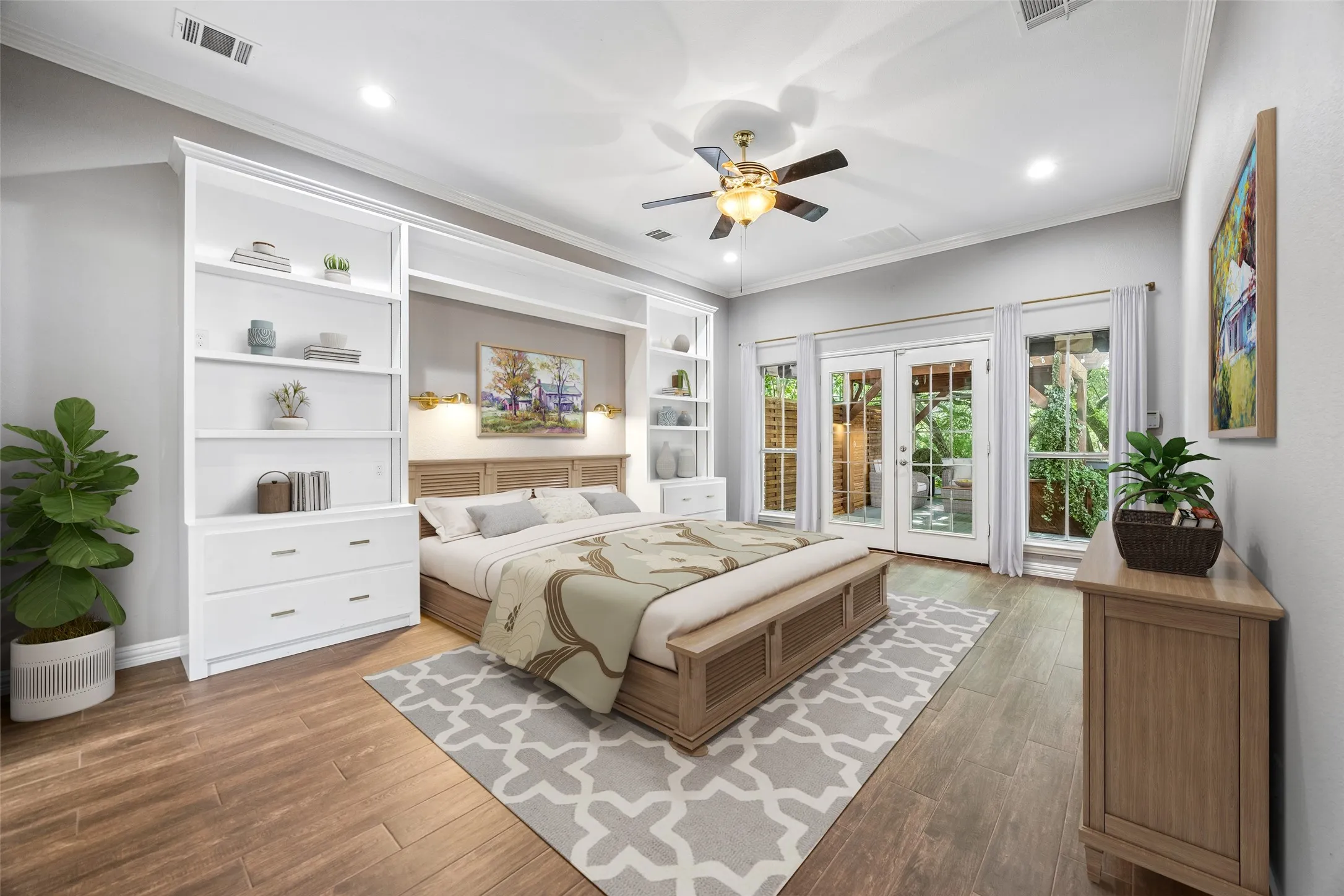 Serene primary suite with virtual staging
