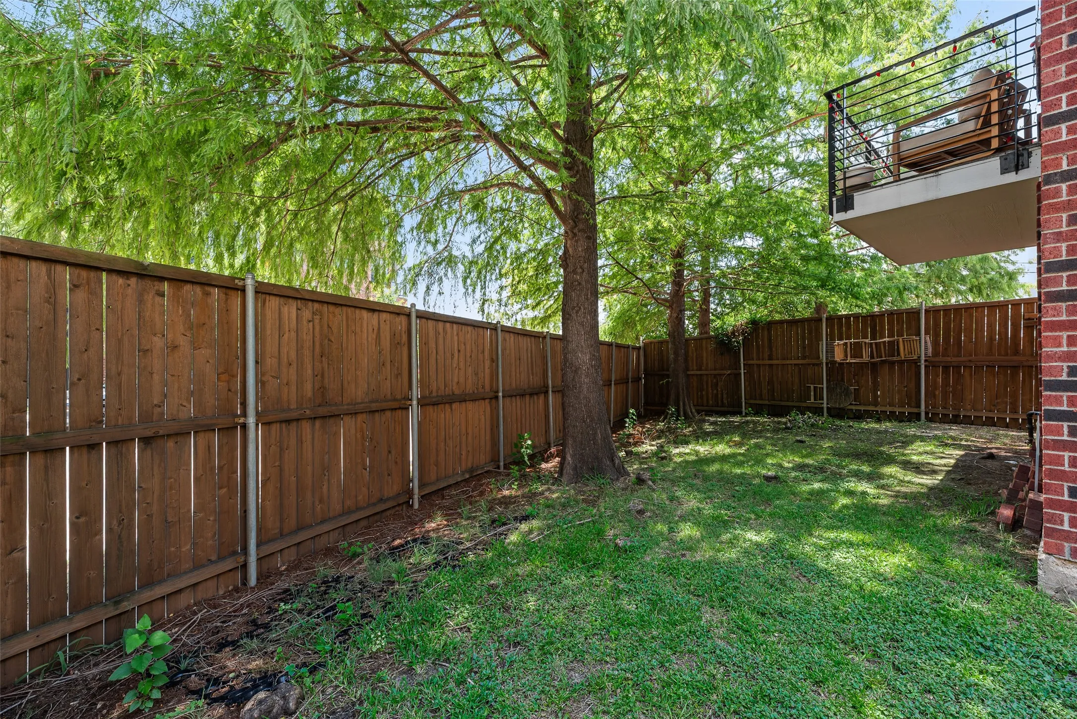 Private backyard featuring a manicured lawn, established trees, and a wooden privacy fence