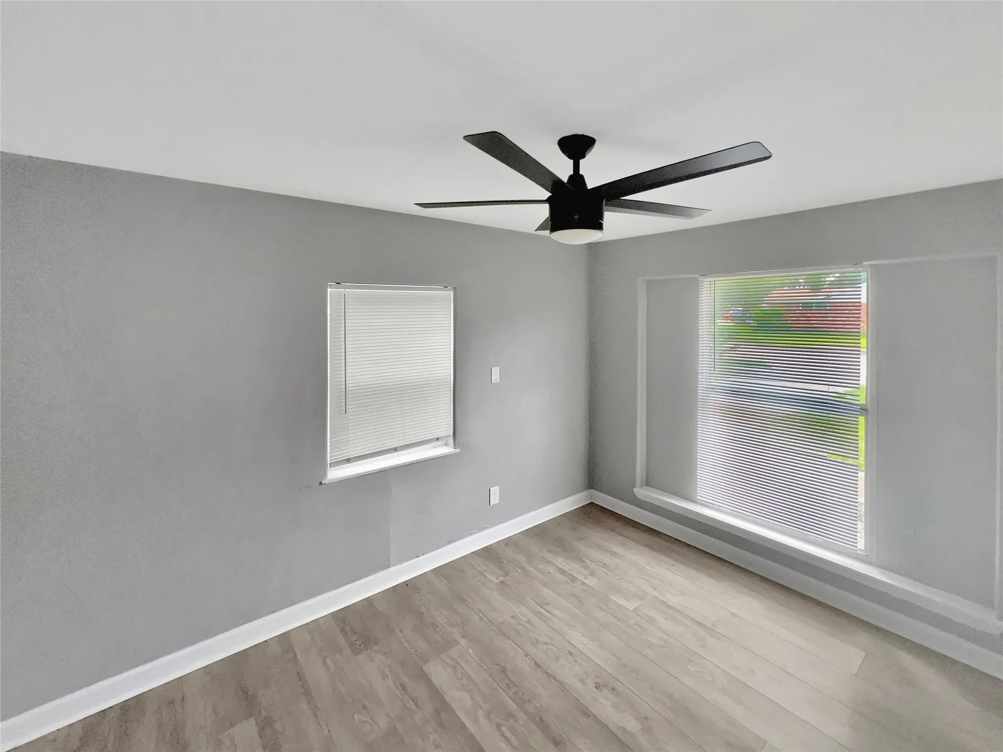 Room with wood-finish flooring, light grey walls, and a white ceiling