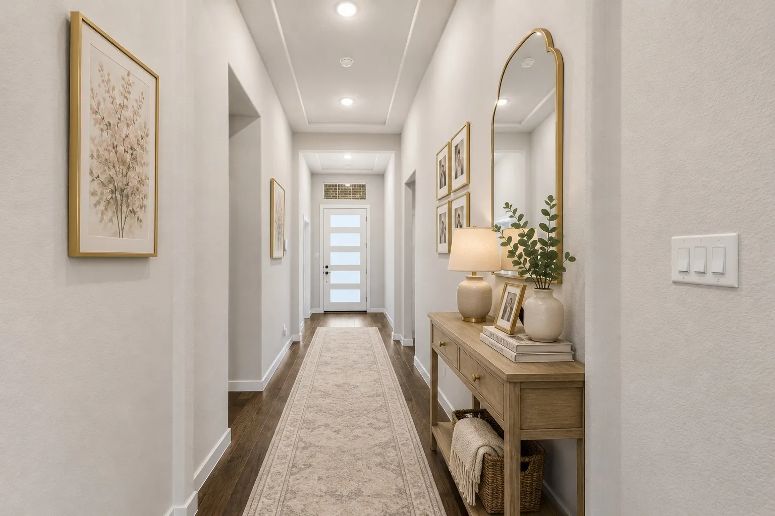 Hallway featuring dark wood-finish flooring, recessed lighting, and a tray ceiling detail