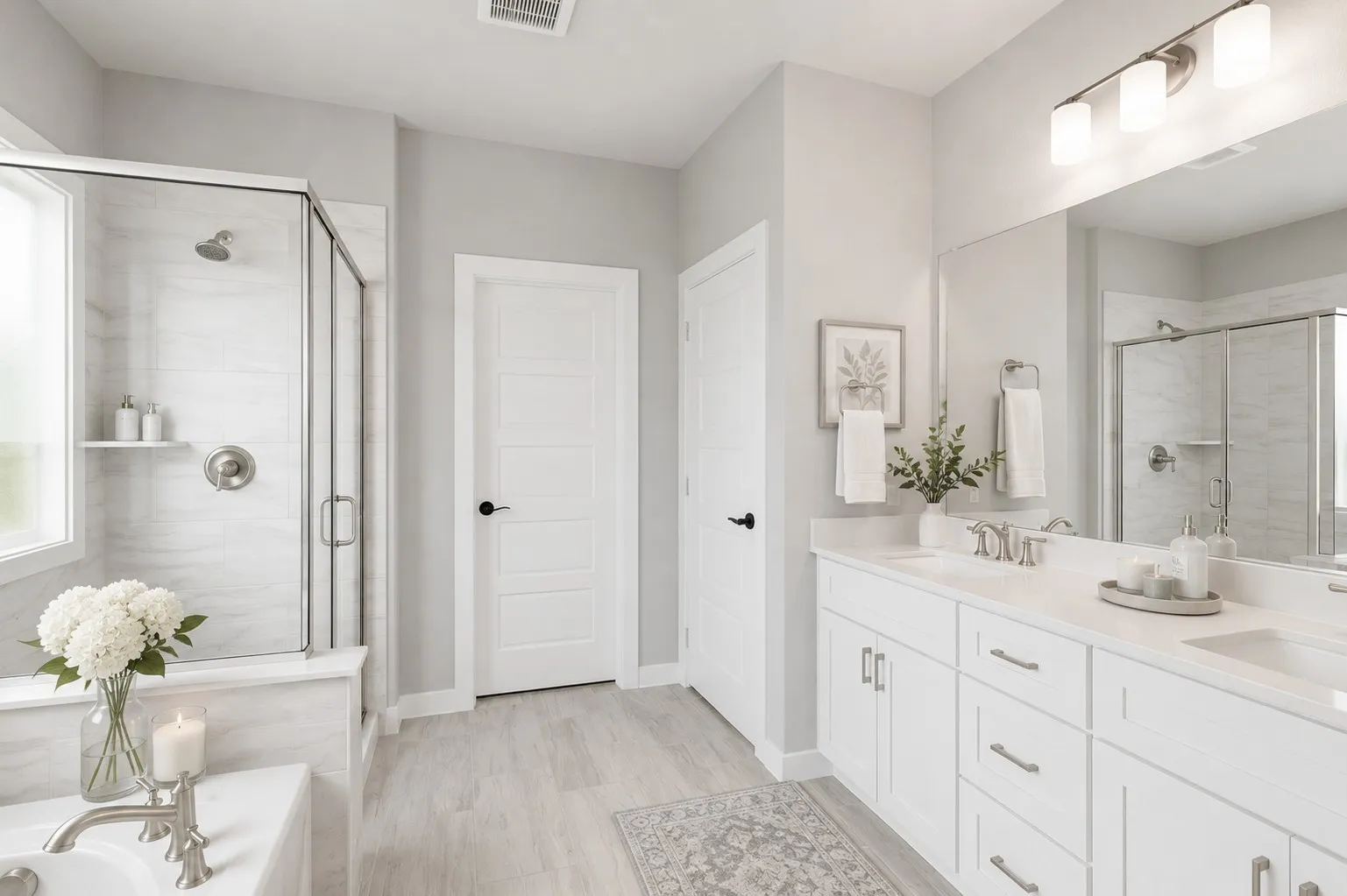 Spacious bathroom featuring a dual vanity with white cabinetry and countertops, a large framed mirror, a walk-in shower with clear glass enclosure and tiled walls, and wood-finish flooring