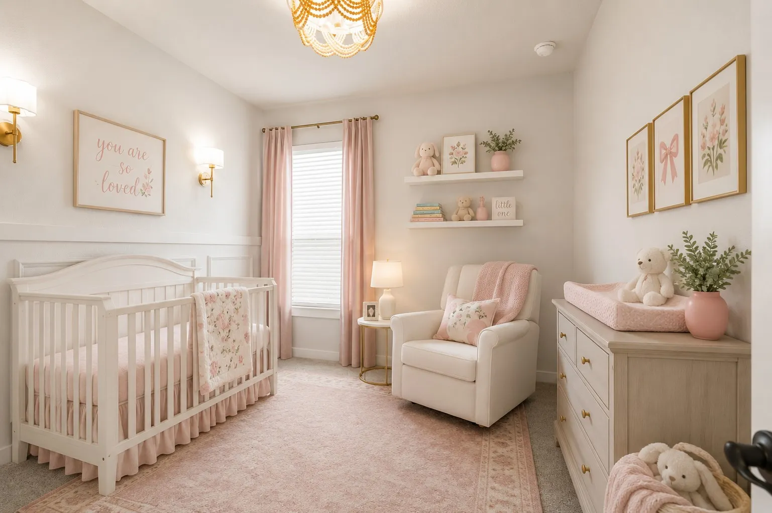 Light-toned interior space featuring wainscoting, an ornate ceiling light fixture, and two wall sconces