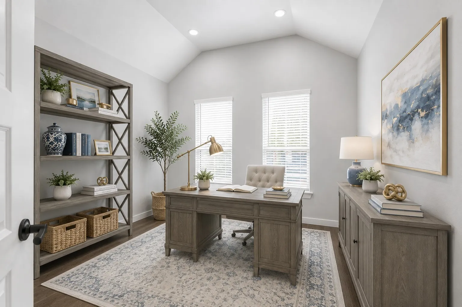 Dedicated office space featuring vaulted ceilings, recessed lighting, wood-finish flooring, and two windows with blinds