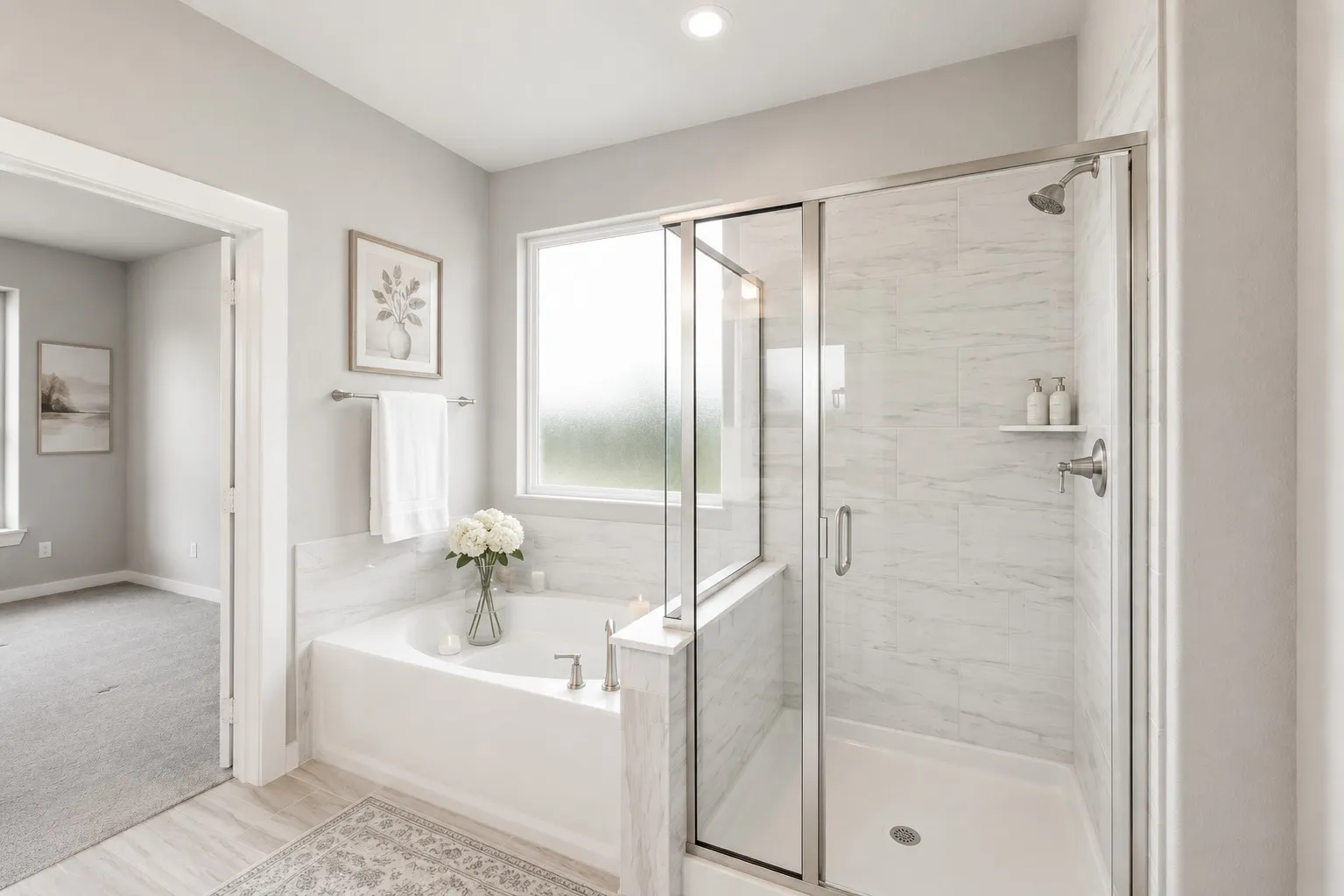 Bathroom featuring a built-in soaking tub with a window above, a separate glass-enclosed shower with tile surround, and light wood-finish flooring