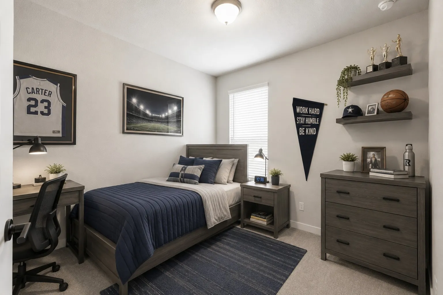 Neutral wall color and carpeted flooring in this room