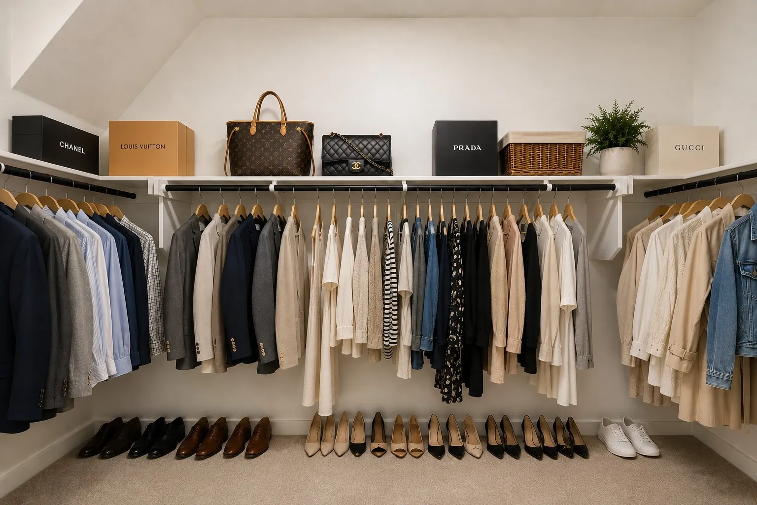 Walk-in closet with extensive built-in shelving, multiple hanging rods, and recessed lighting