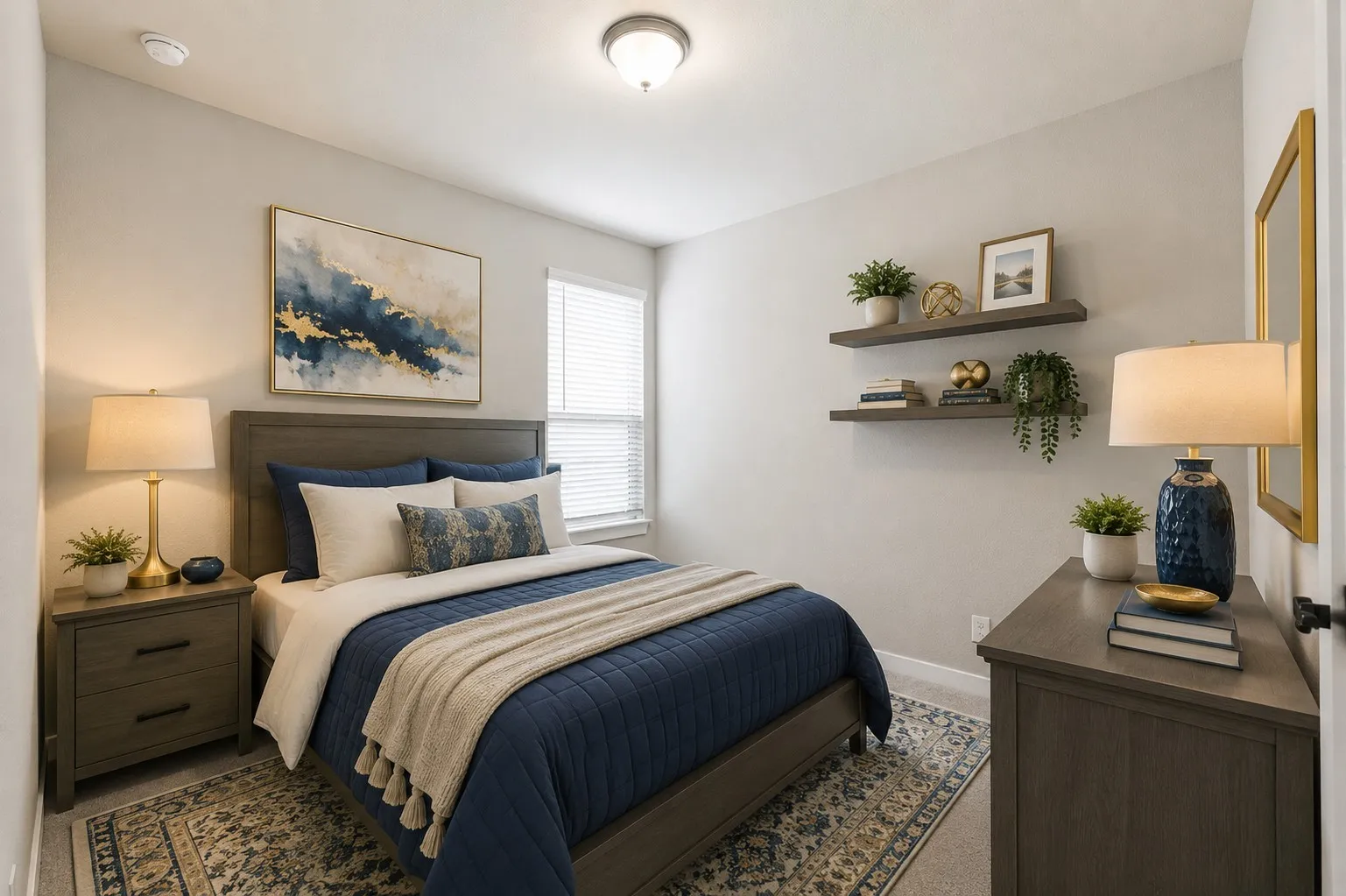 Bedroom featuring neutral wall colors, carpet flooring, a window with blinds, and a built-in ceiling light fixture