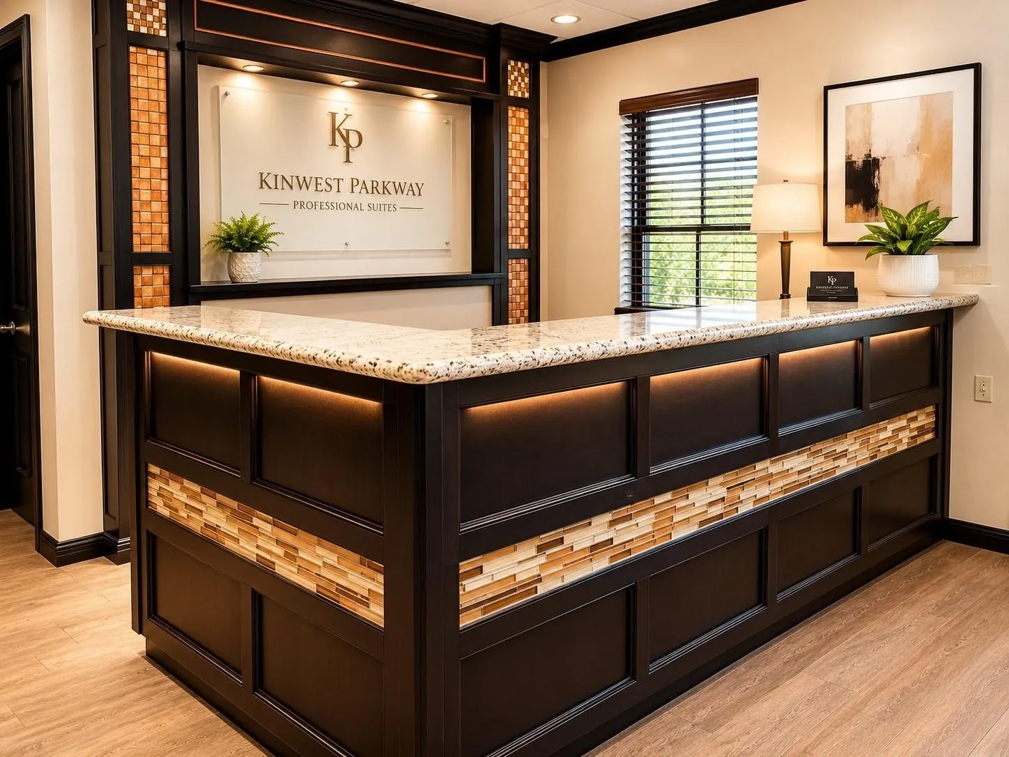 Reception desk with integrated lighting, a granite-finish countertop, and decorative wood tile accents
