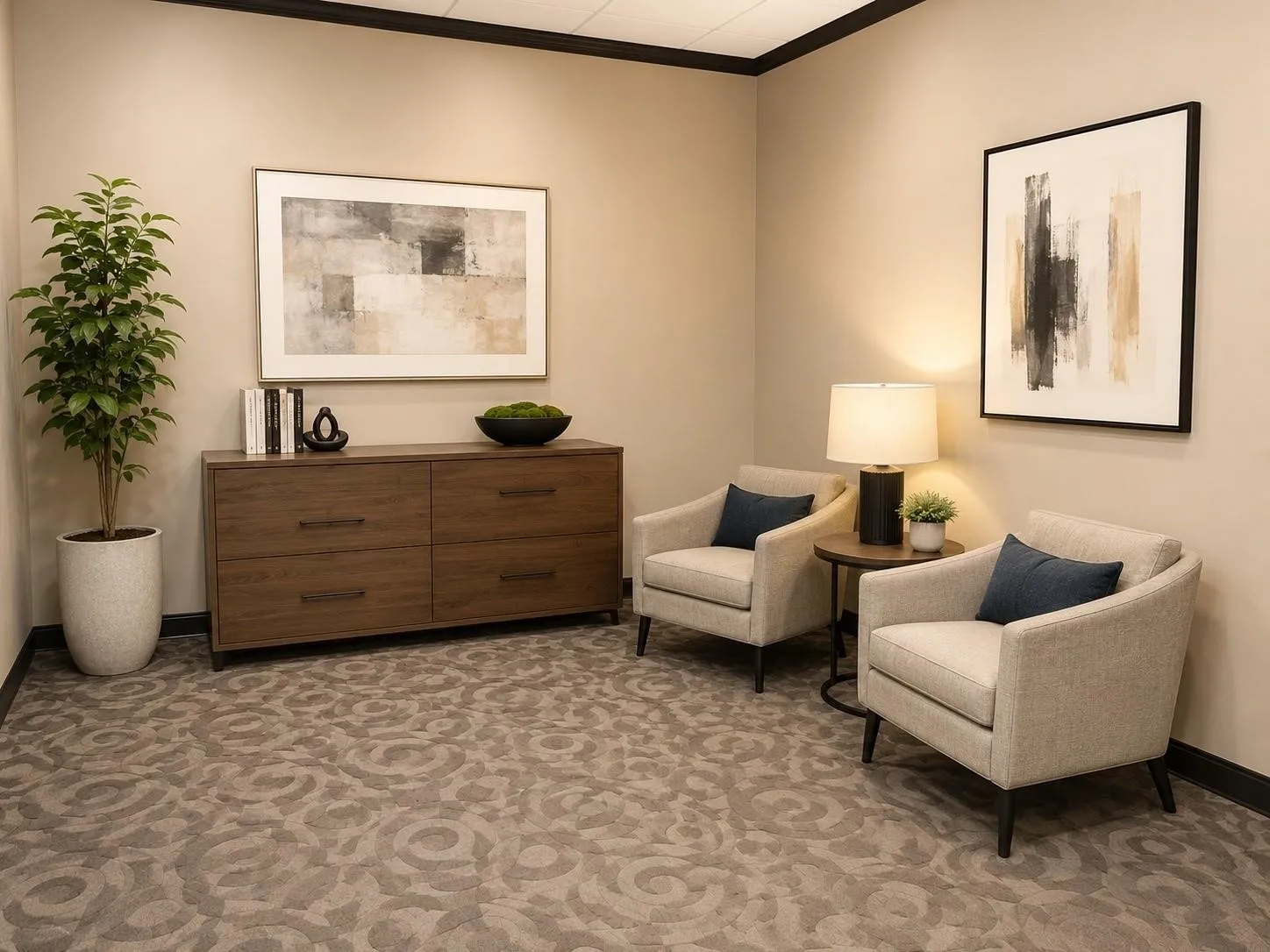 Textured carpet flooring complementing neutral wall tones