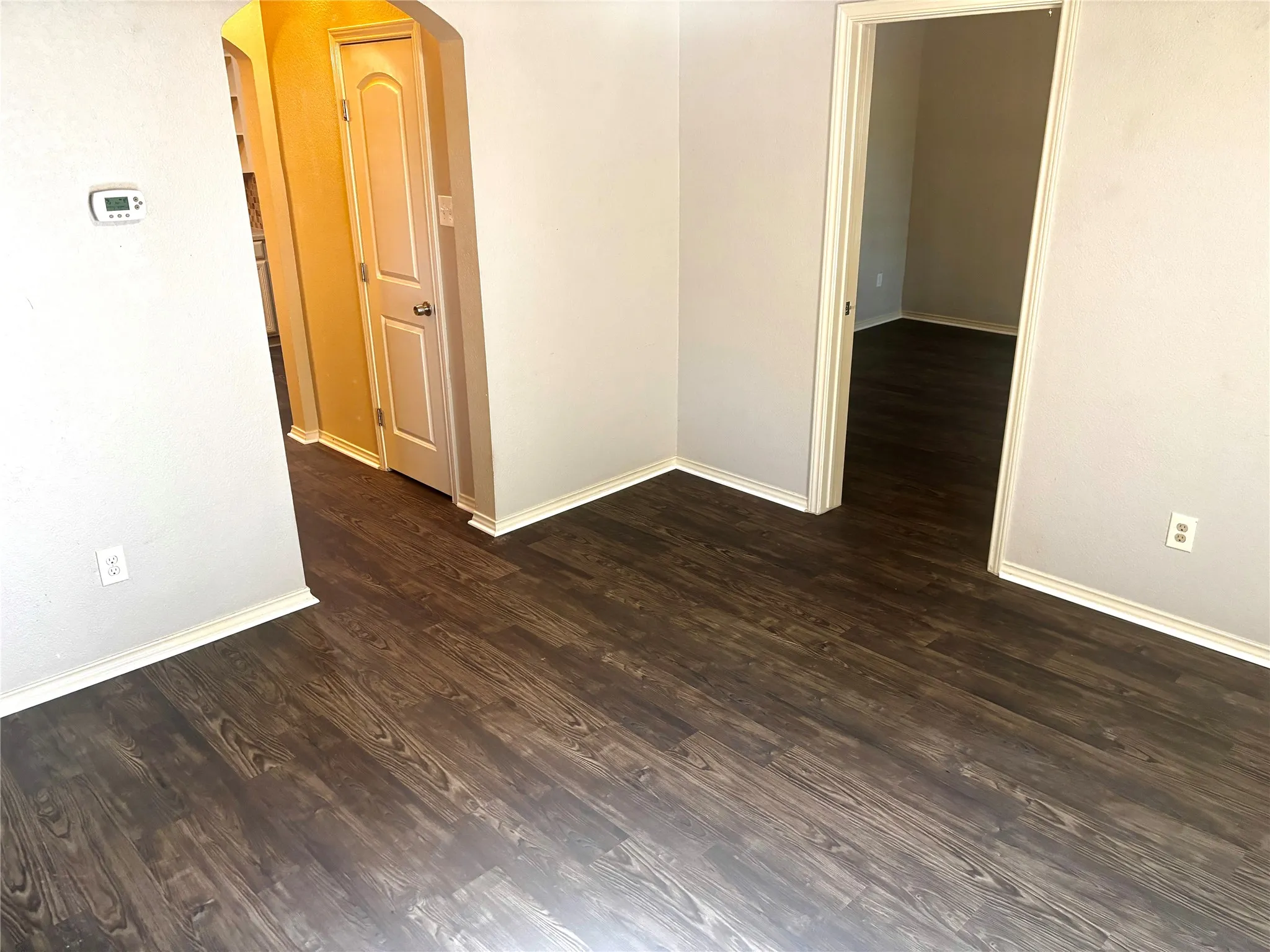 Dark wood-finish flooring extending into multiple rooms