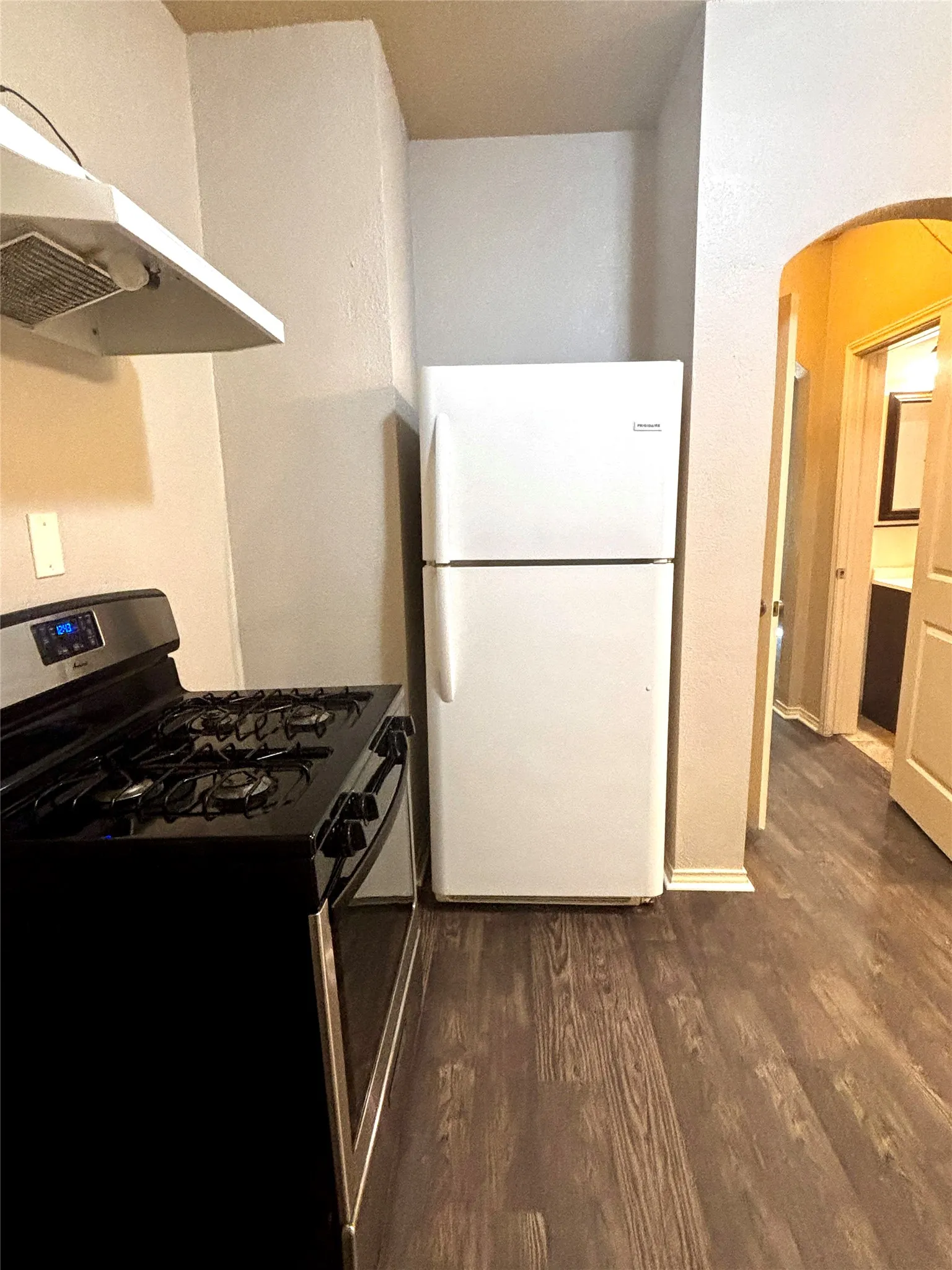 Compact kitchen area featuring wood-finish flooring