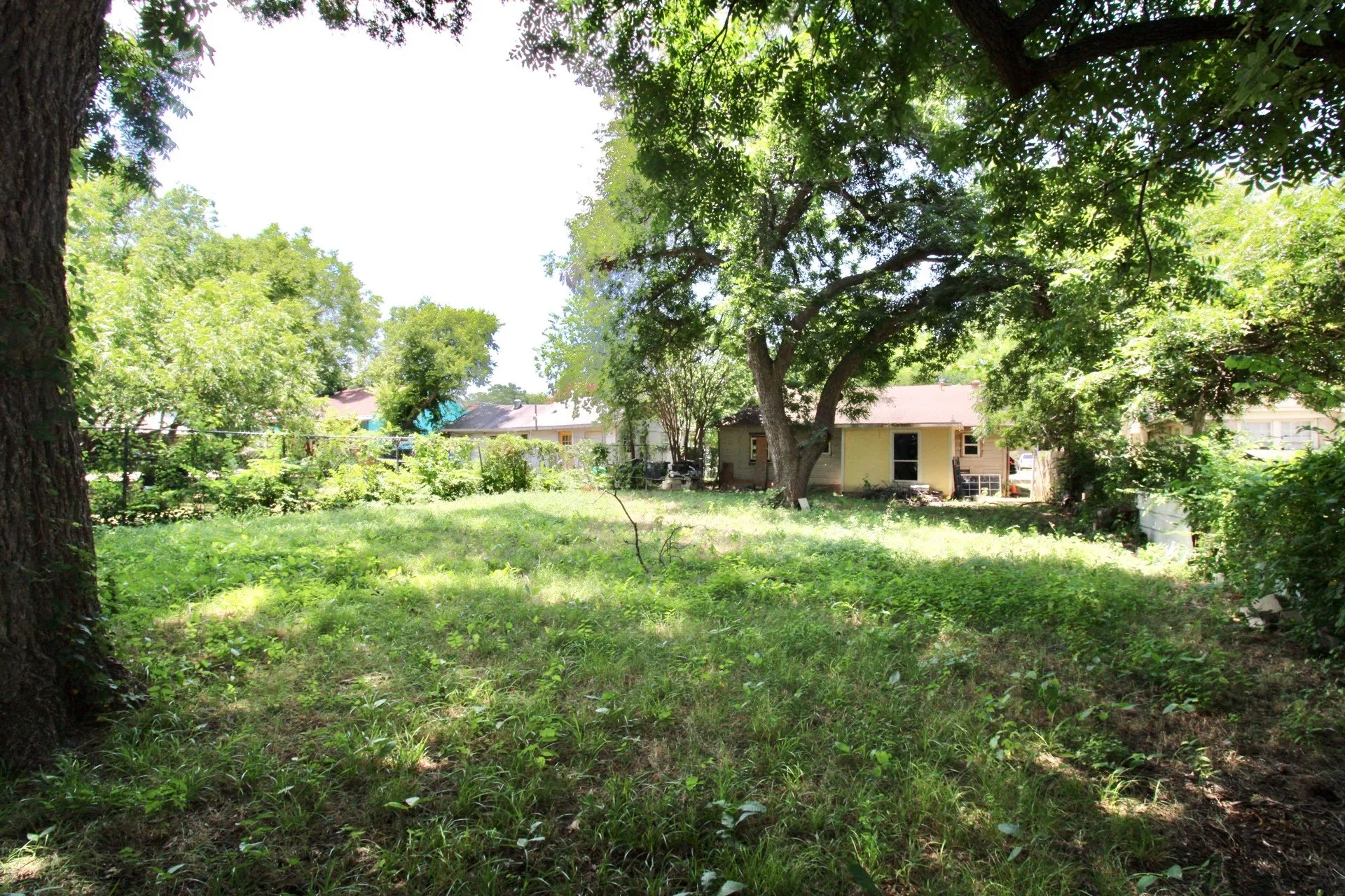 Expansive grassy yard with mature trees providing shade