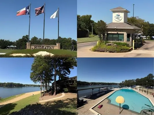 Collage of community features. Presenting the main entrance, a security gate, waterfront access, and a swimming pool facility