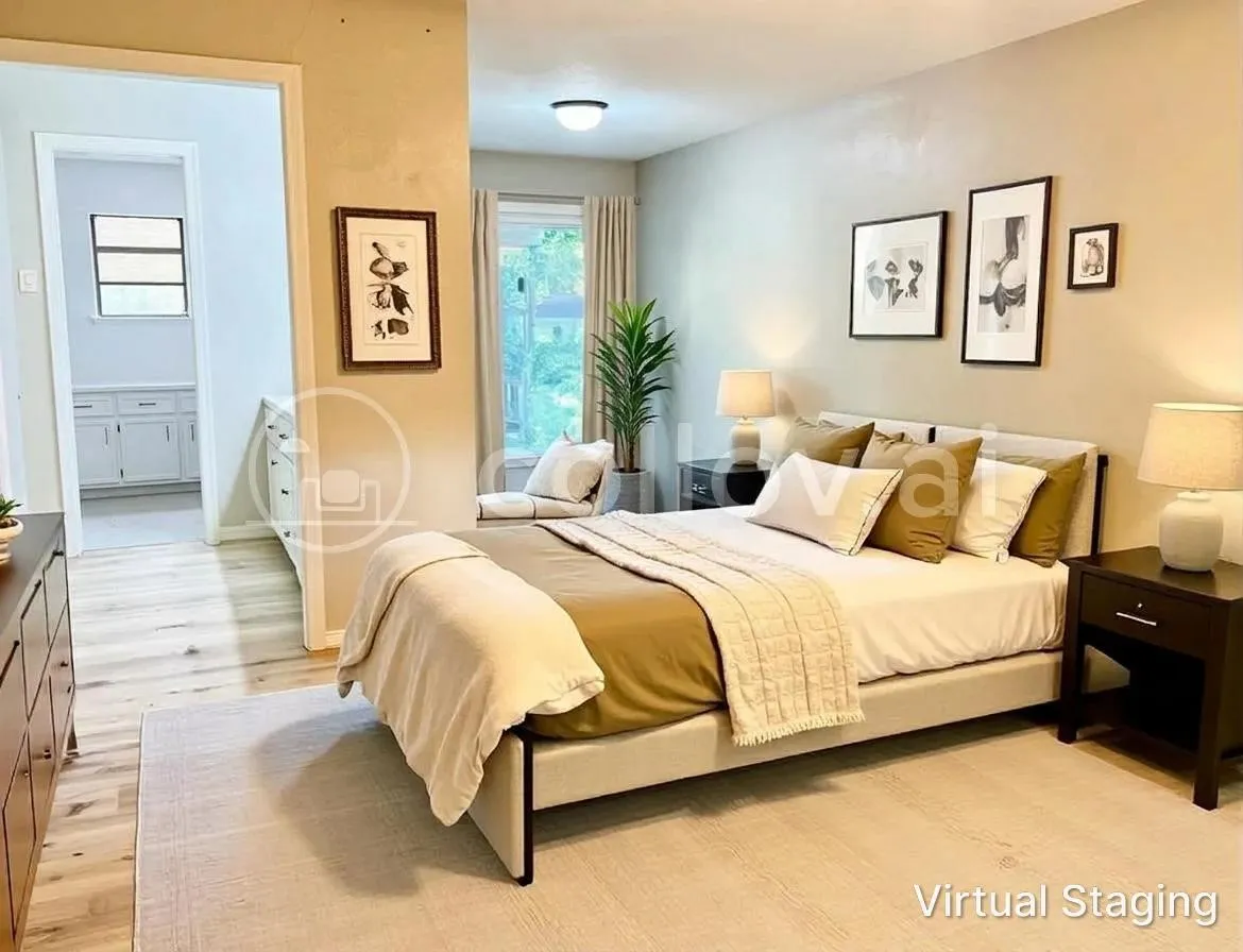 Staging example of primary bedroom setup with sitting area near the patio door