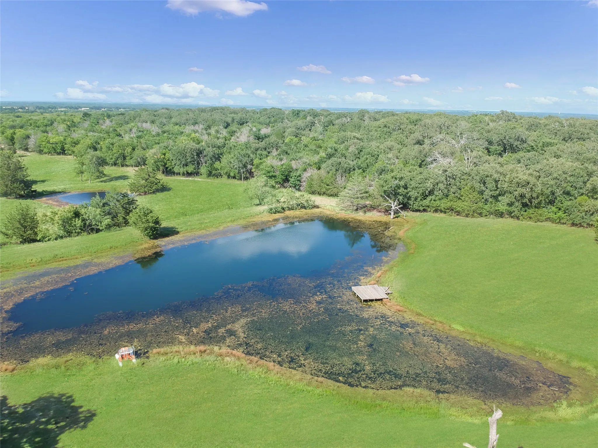Expansive natural landscape featuring a large pond with a wooden dock, surrounded by lush green fields and mature trees