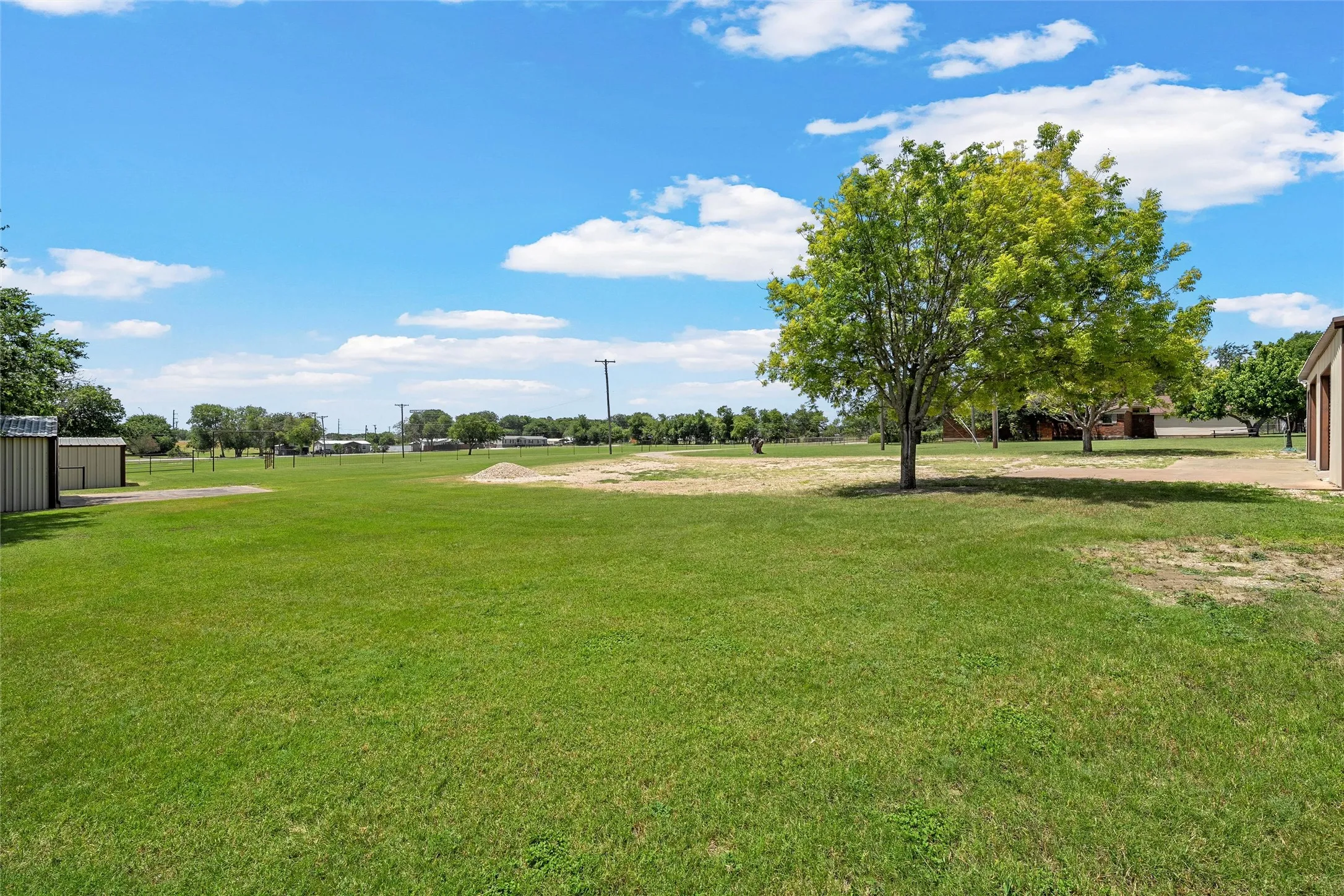 Expansive grassy lot featuring mature trees and a clear blue sky