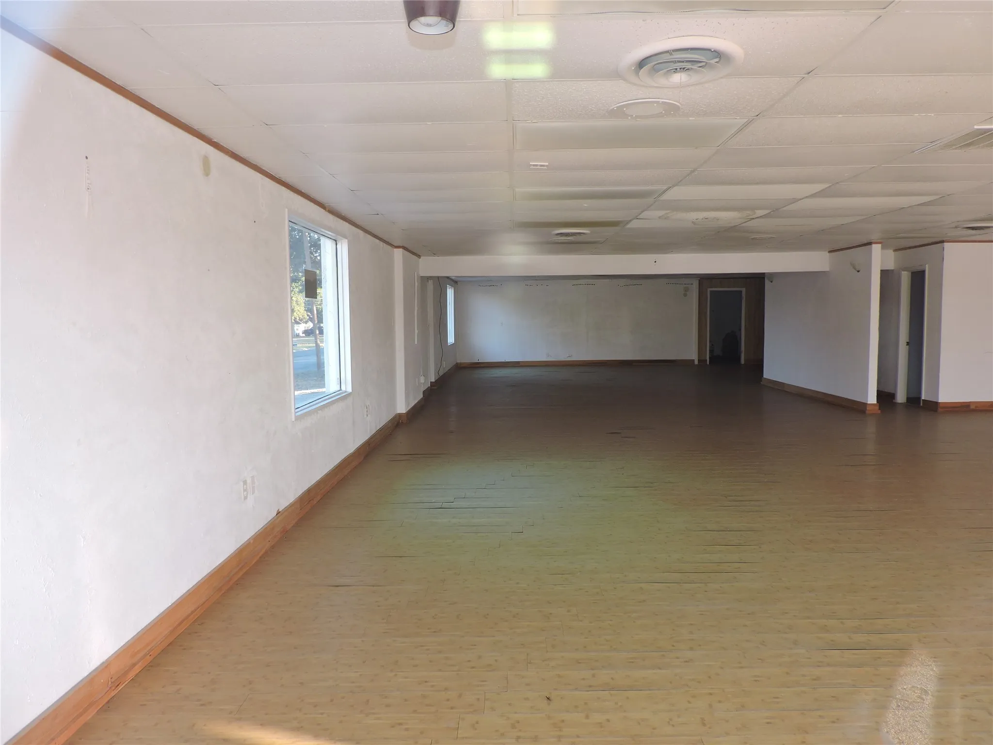 Spare room featuring wood finished floors and a drop ceiling