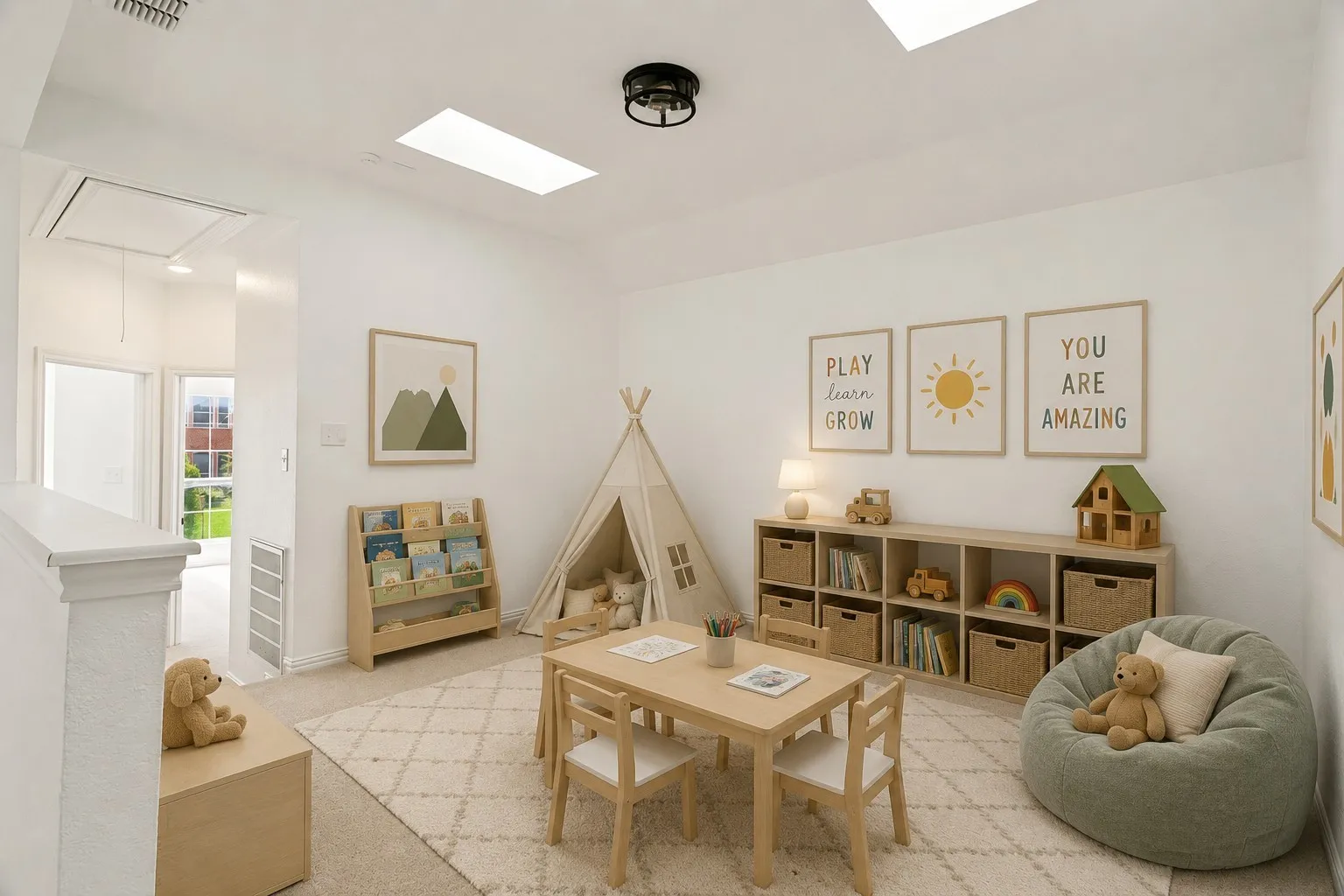 Bright multi-purpose room featuring two skylights, recessed lighting, and a neutral color palette