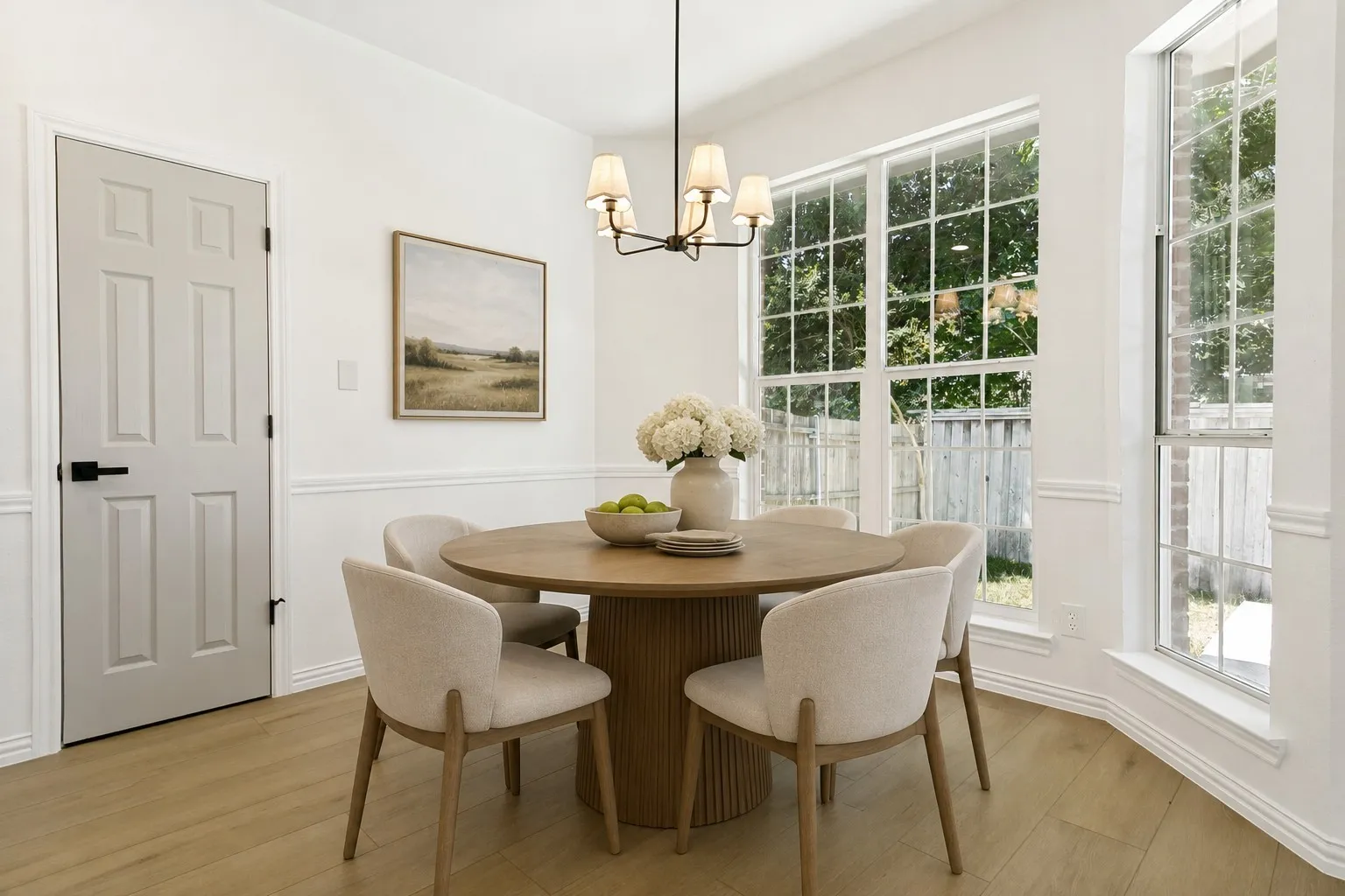 Dining area featuring large grid-pattern windows, light wood-finish flooring, white walls with wainscoting, and a multi-light chandelier