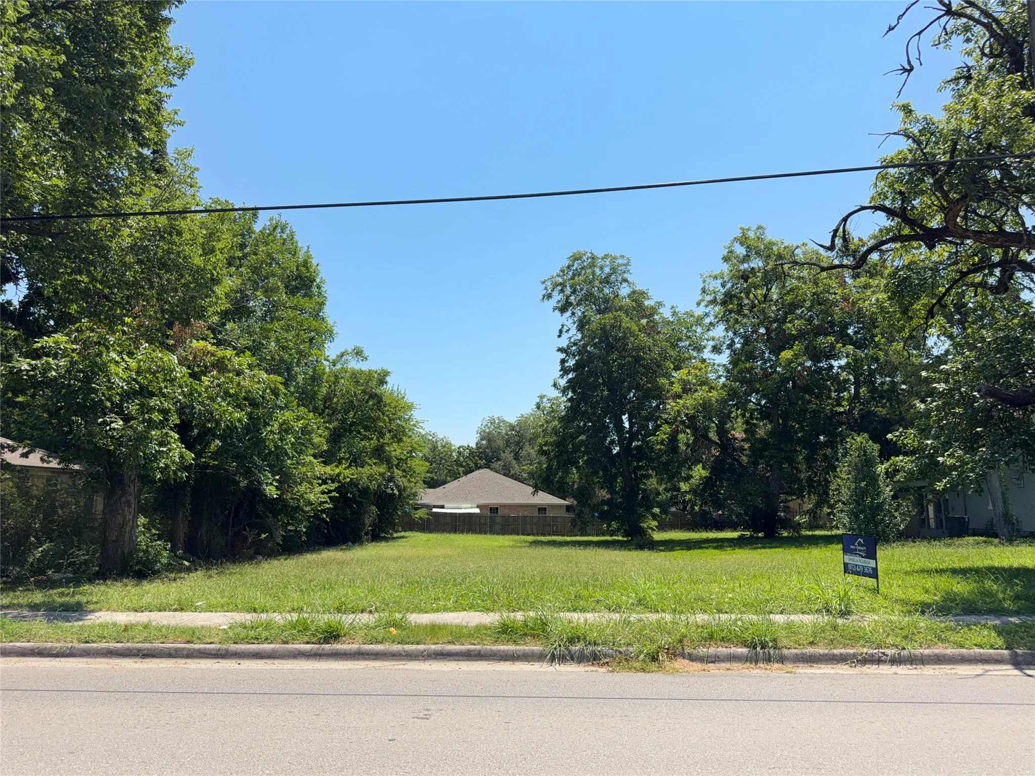Cleared land parcel featuring a grass lawn, mature perimeter trees, and a paved road frontage