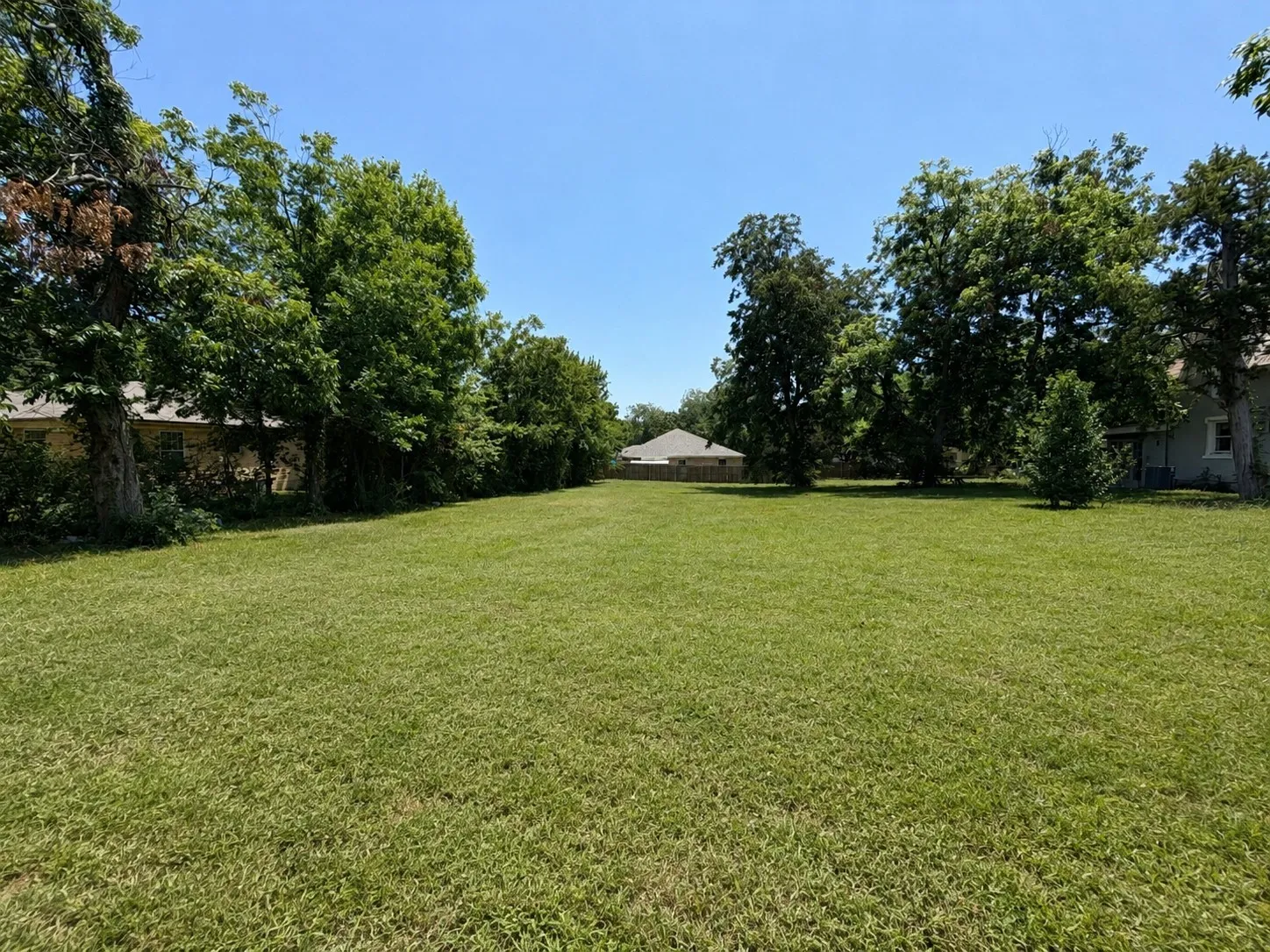 Expansive green lawn with mature perimeter trees under a clear sky