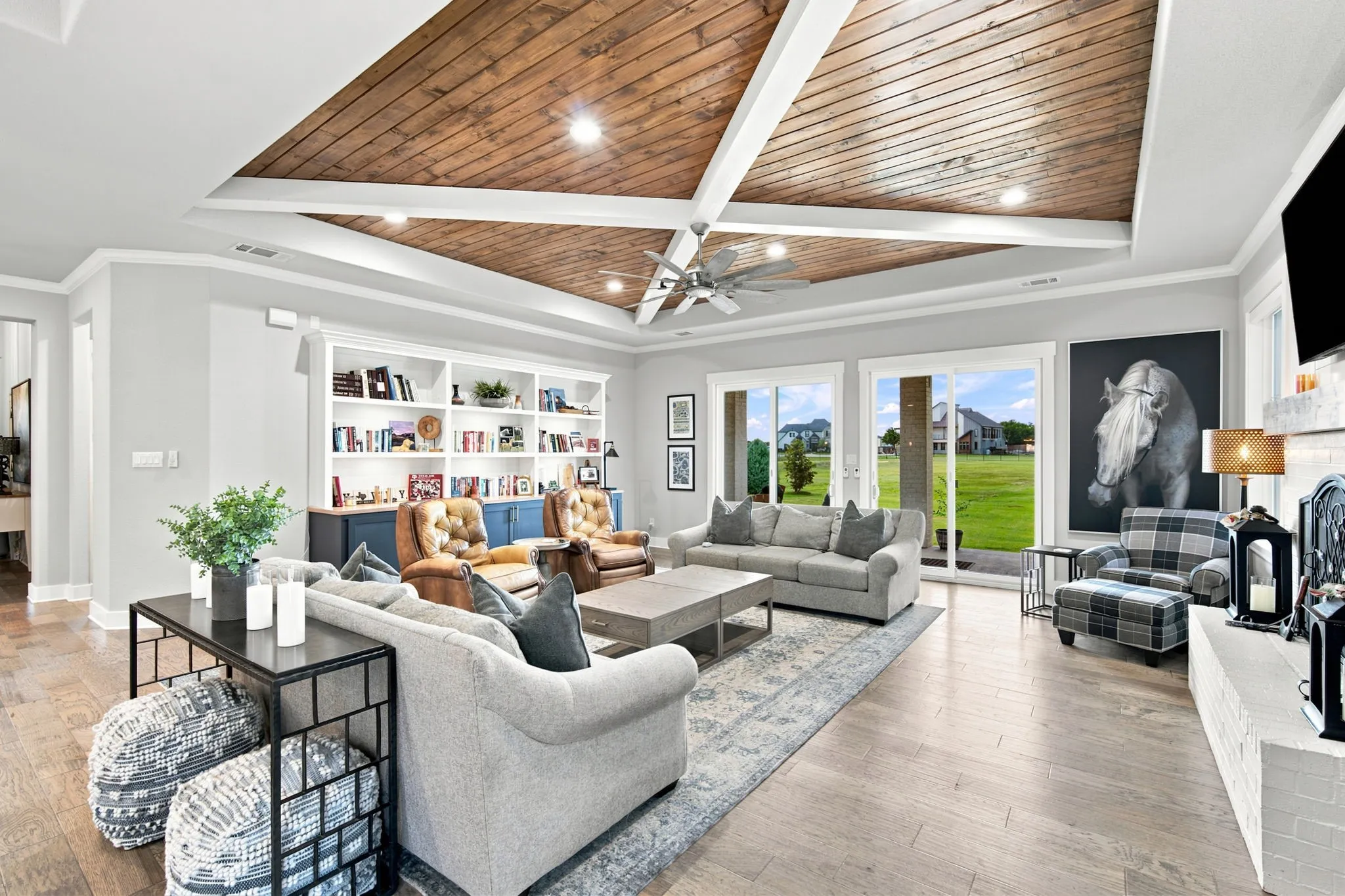 beautiful coffered ceiling and fireplace