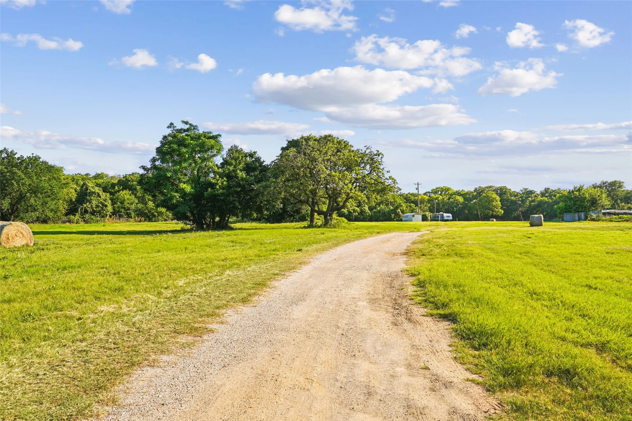 Gravel driveway traversing expansive green pastures