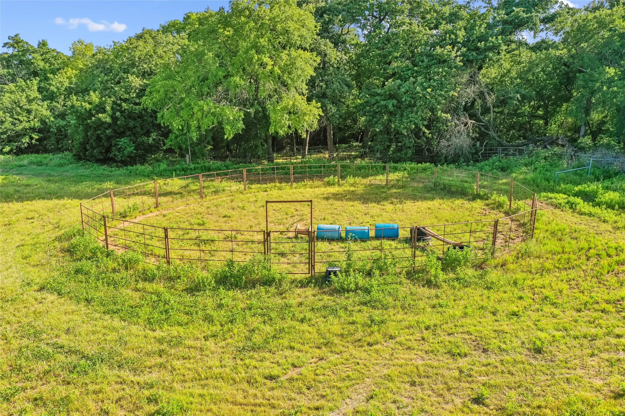 Fenced circular enclosure with surrounding natural foliage and expansive grassy areas