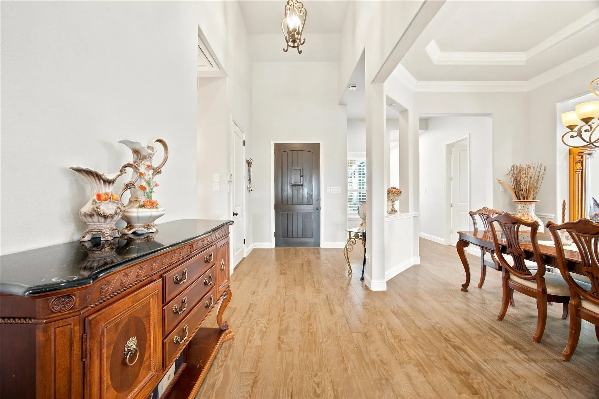 Expansive entryway featuring wood-finish flooring, a tray ceiling, and a dark wood front door