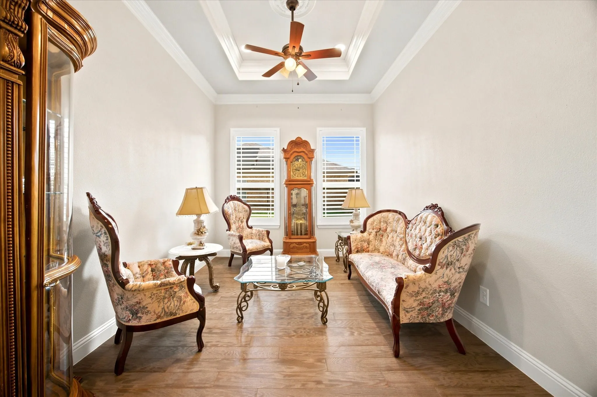Spacious room featuring wood-finish flooring, a tray ceiling with a ceiling fan, and crown molding