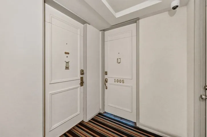 Entryway featuring two white panel doors with brass hardware, a striped area rug, and a security camera
