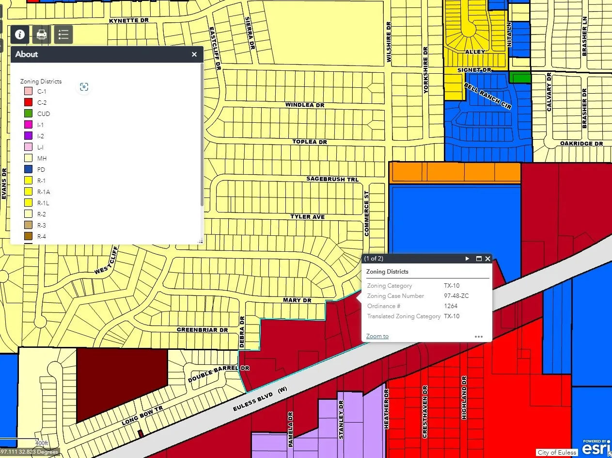 Zoning Map. Illustrating various zoning districts and associated property information