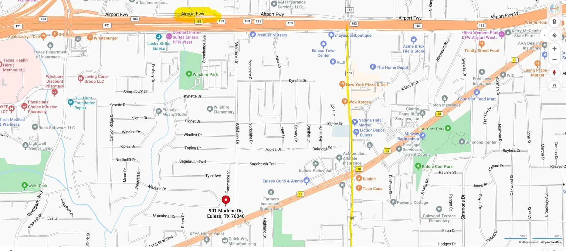 Location Map. Indicating the geographic placement of the property at 901 Marlene Dr, Euless, TX 76040