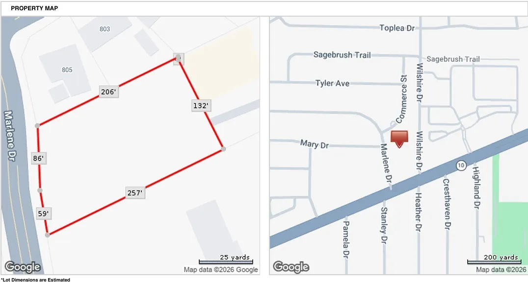 Property Map. Displaying the property's boundaries with dimensions and its location within the surrounding street network