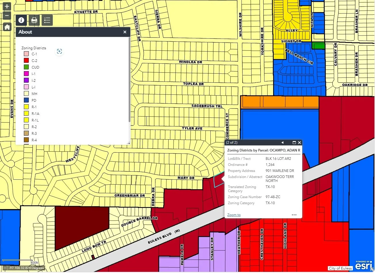 Zoning Map and Parcel Information. Displaying zoning districts and specific property data for a given parcel