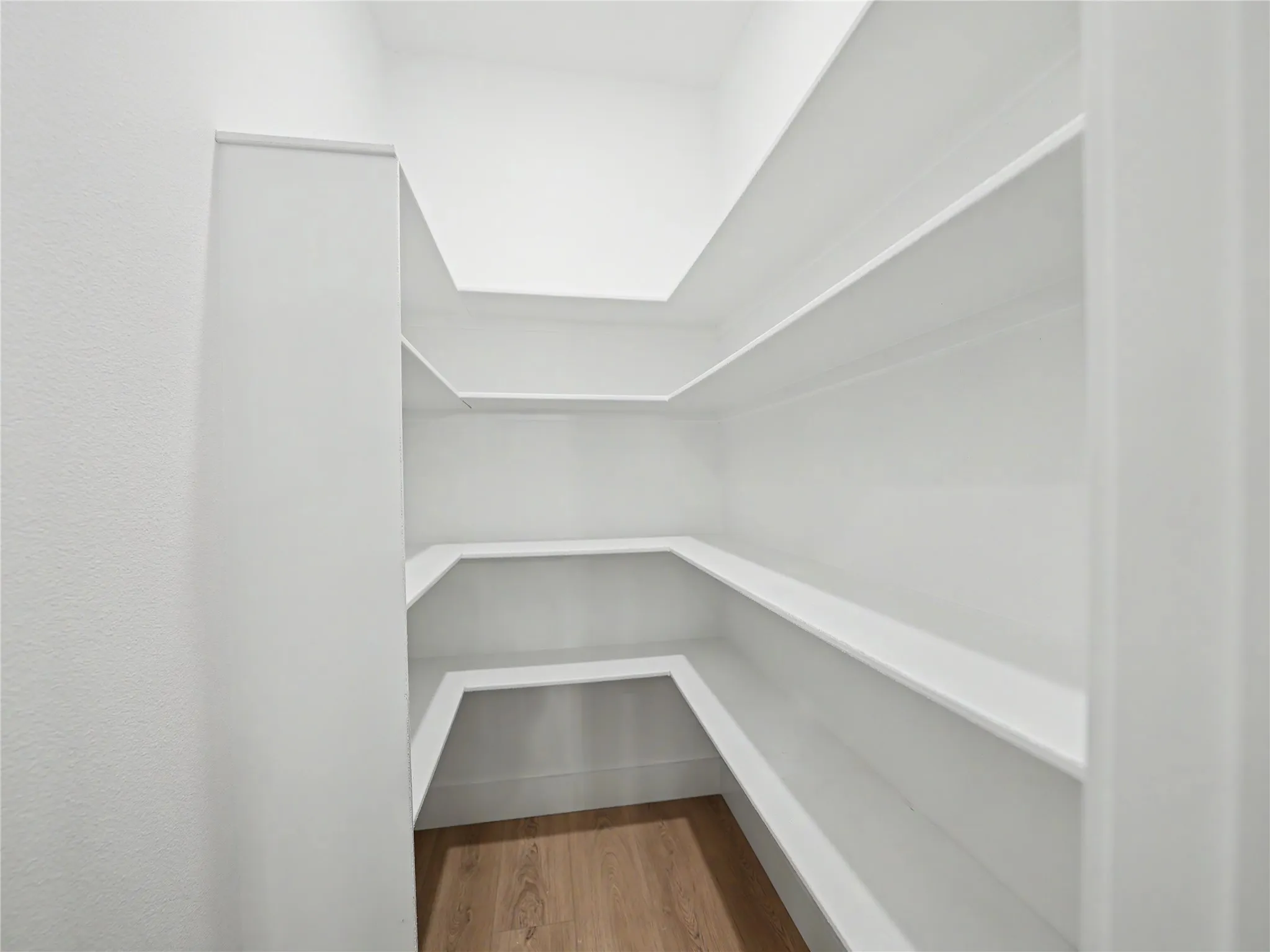 Spacious pantry featuring multiple tiers of built-in shelving, white walls, and wood-finish flooring