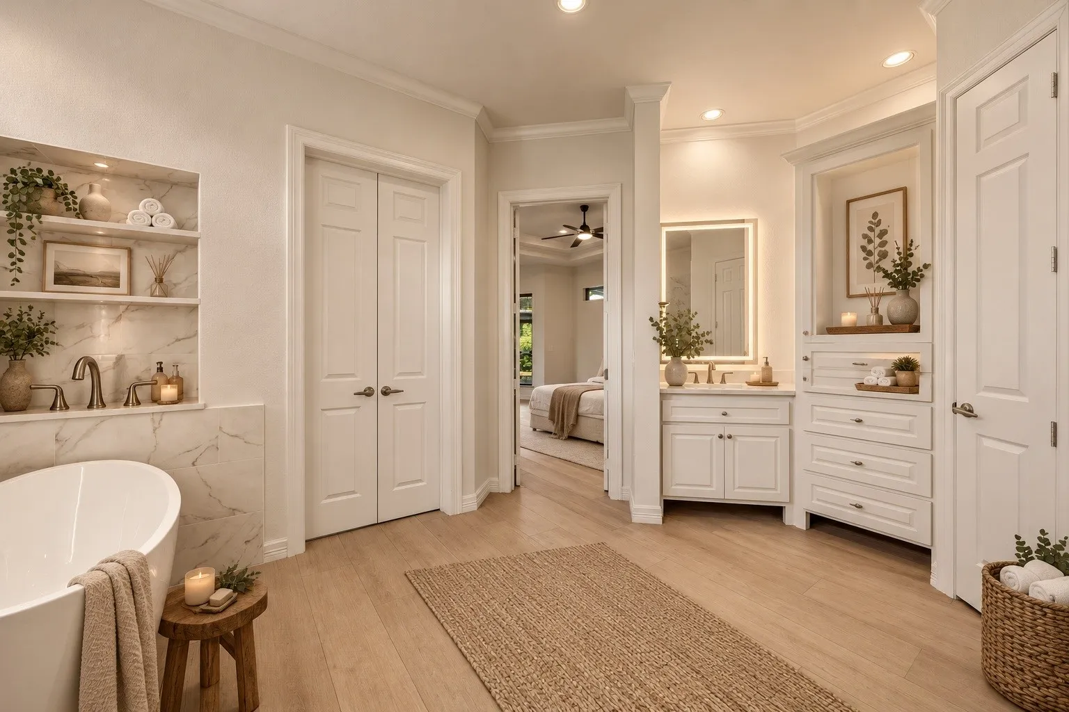 AI generated Freestanding soaking tub with a wall-mounted faucet, integrated shelving with marble-finish backing, wood-finish flooring, white vanity with an illuminated mirror, and built-in storage cabinetry