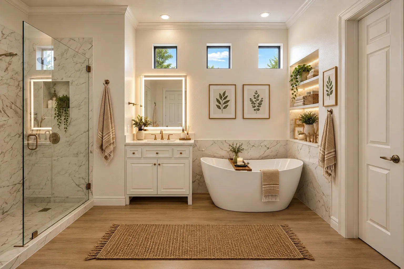 AI generated Freestanding soaking tub, glass-enclosed shower, wood-finish flooring, white vanity with stone countertop, and recessed wall shelving with integrated lighting