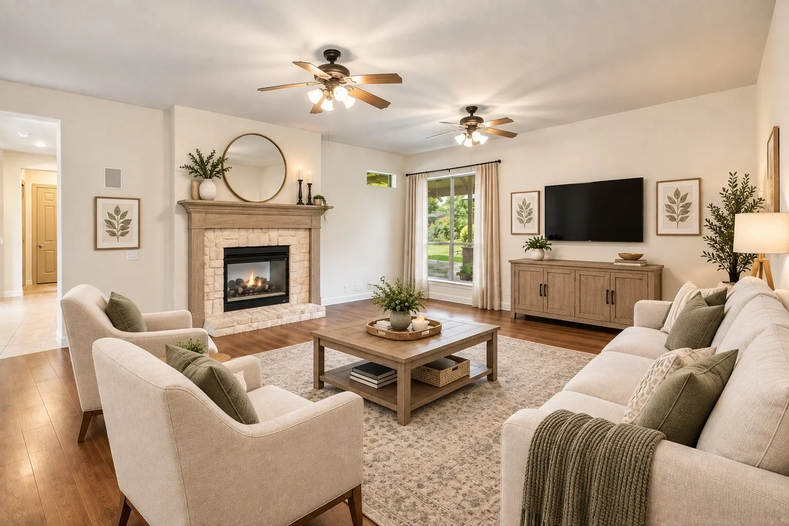 AI generated living area featuring wood-finish flooring, a stone-faced fireplace with a mantel, and two ceiling fans with integrated lighting