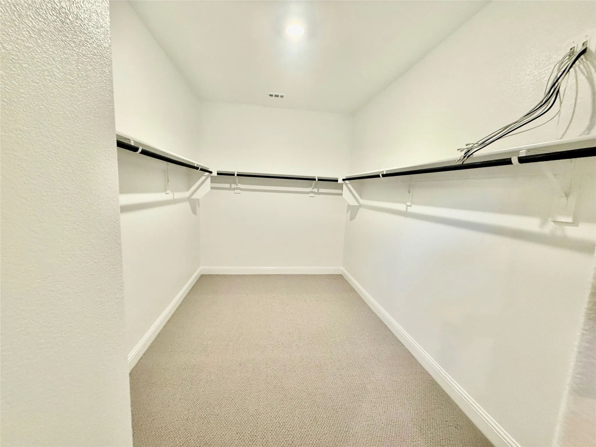 Walk-in closet featuring light-colored carpet, white walls, white trim, and built-in white shelving with hanging rods