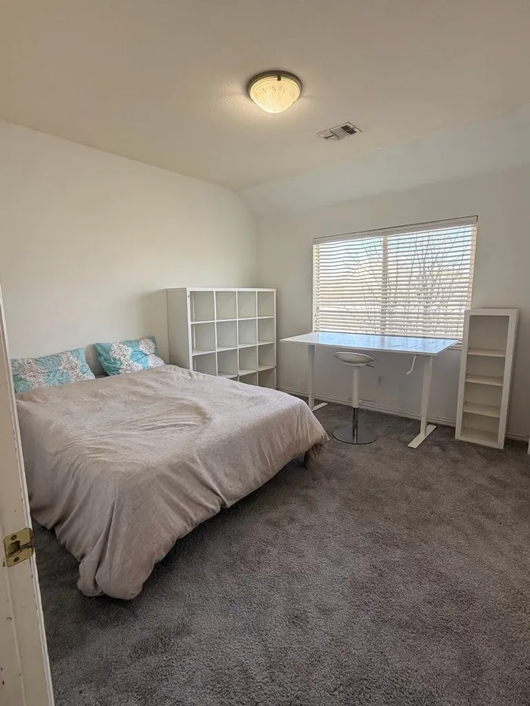 Carpeted bedroom #3 with a large window, featuring a ceiling-mounted light fixture and white walls
