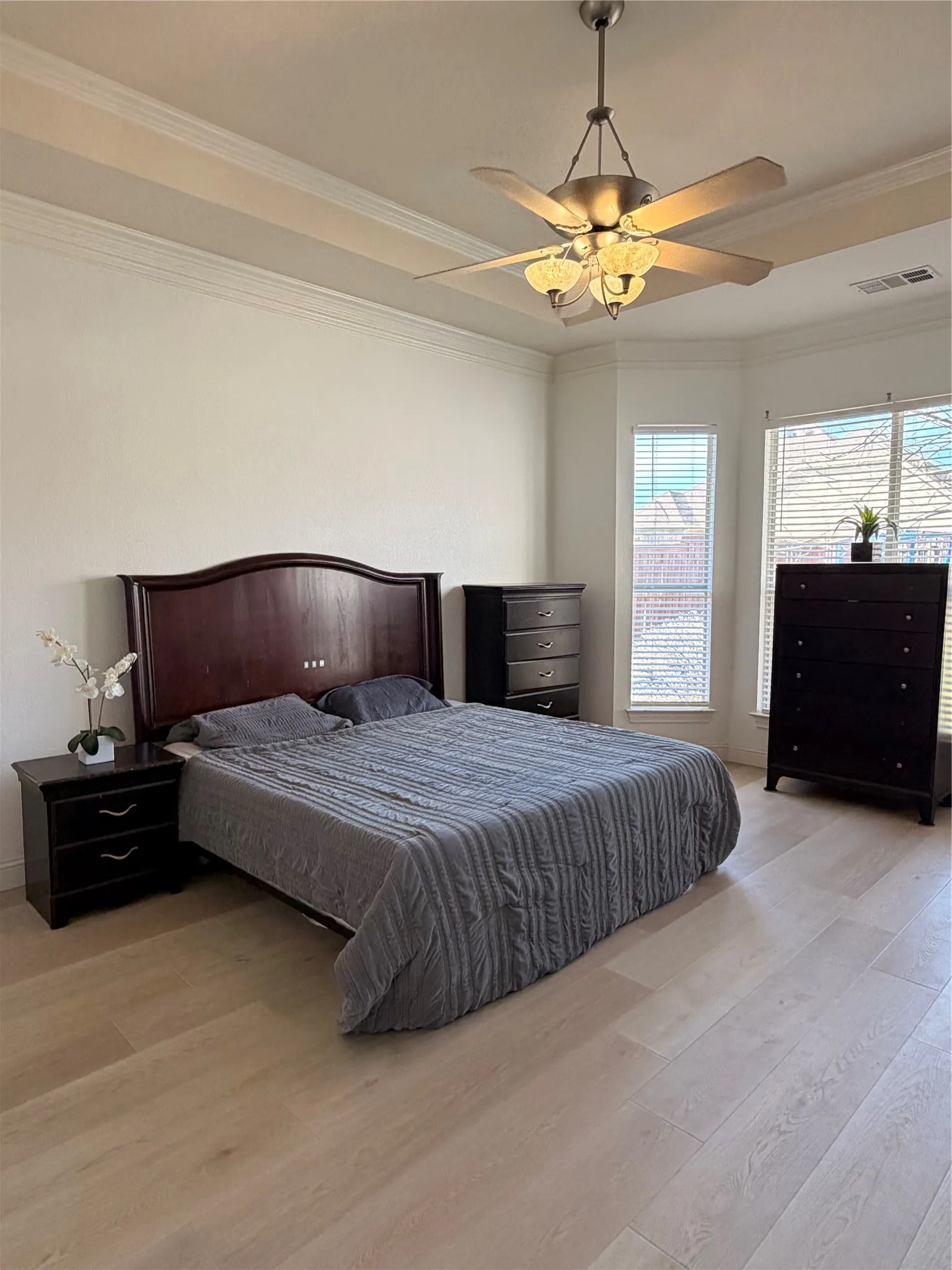 Spacious primary bedroom downstairs, featuring light wood-finish flooring, a tray ceiling with crown molding, and a ceiling fan with integrated lighting